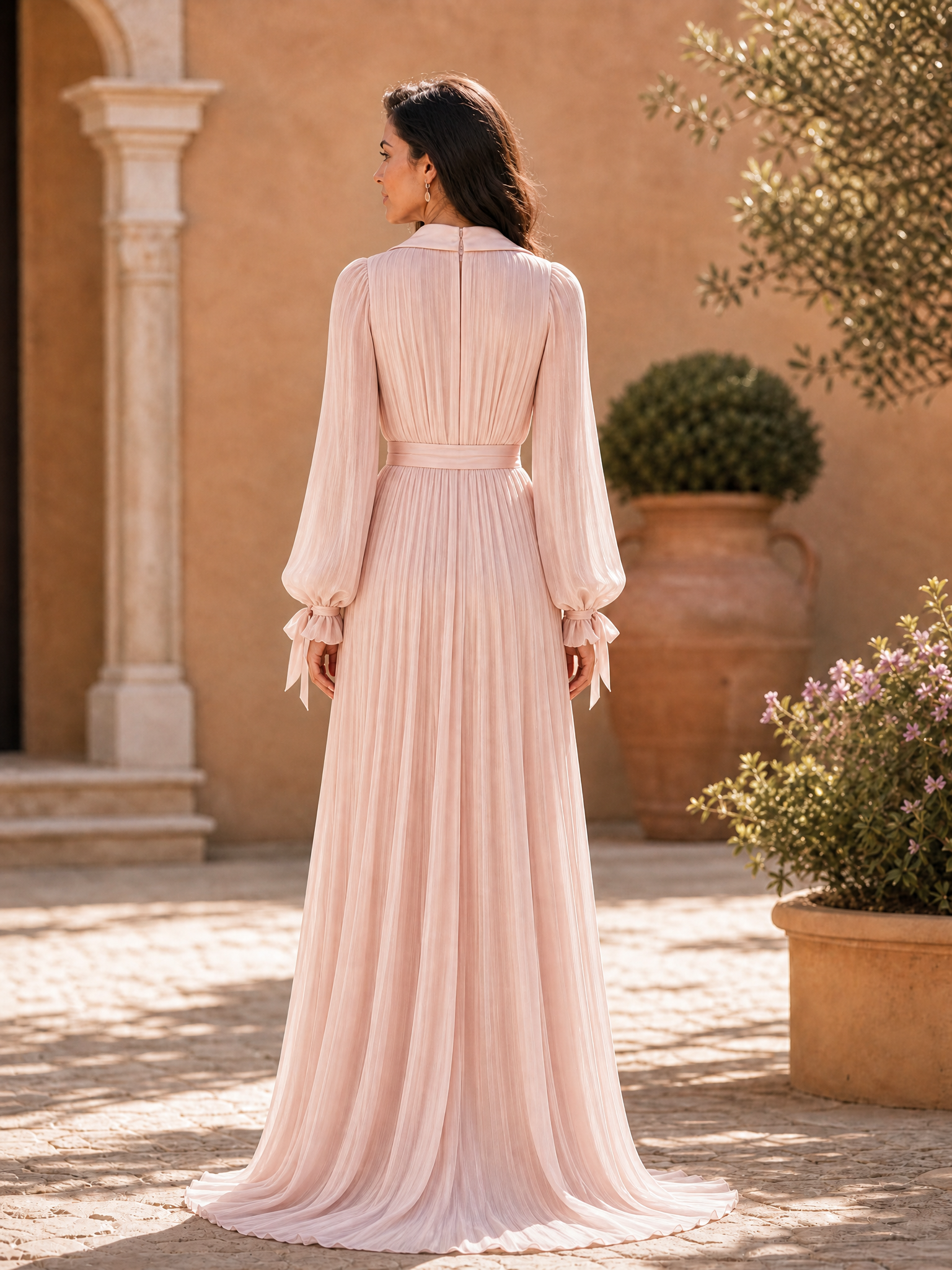 Pink Classic Halter Neck Long Sleeve A-Line Floor-length Gown Dress