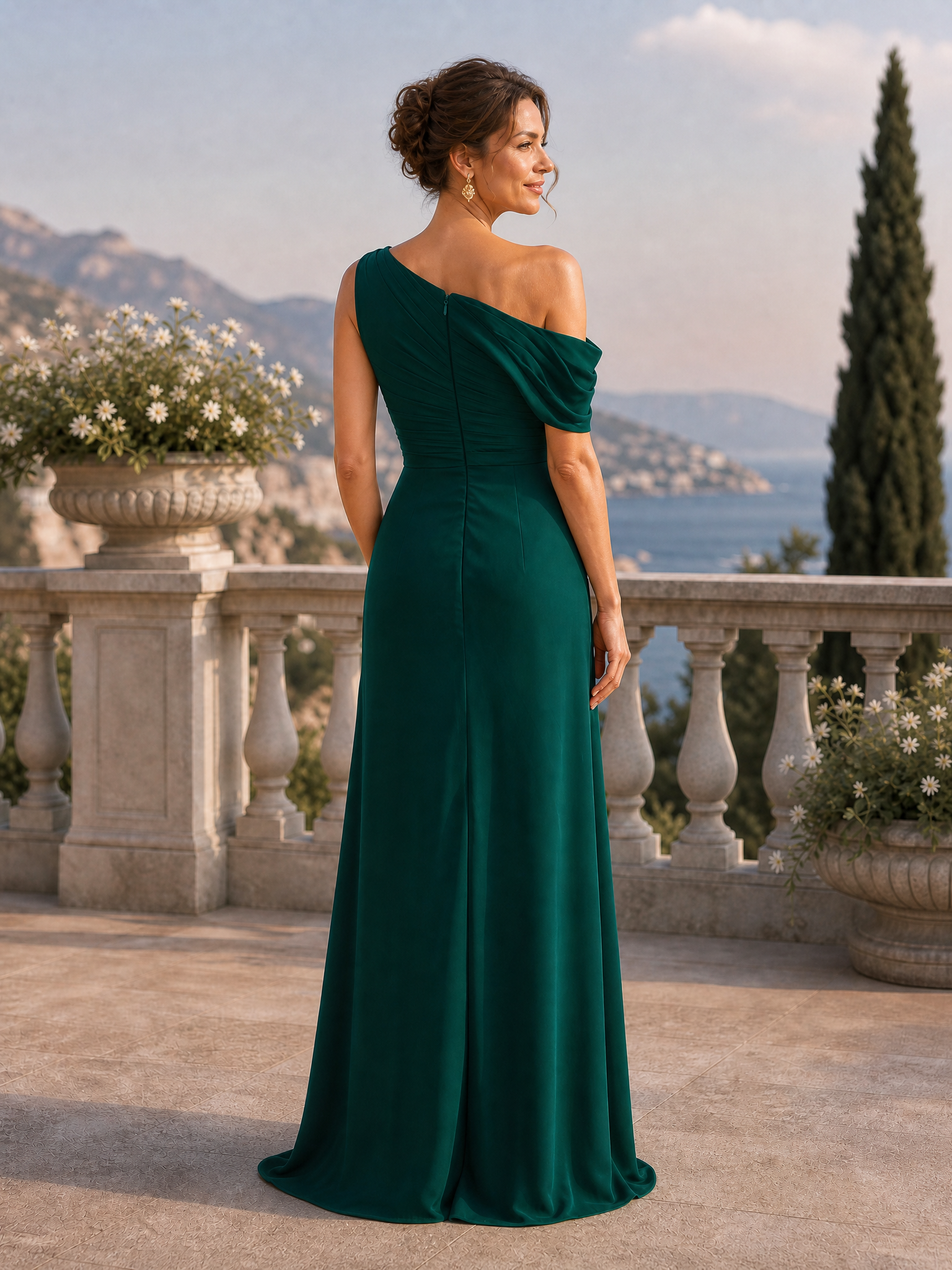 Emerald Green One-Shoulder Ruched Mermaid Floor-Length Evening Gown