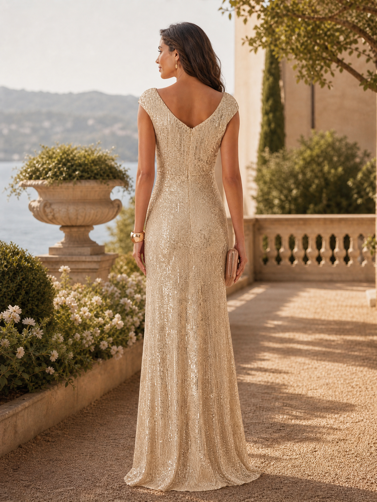 Gold Champagne Sequin Sleeveless Long A-line Gown Dress