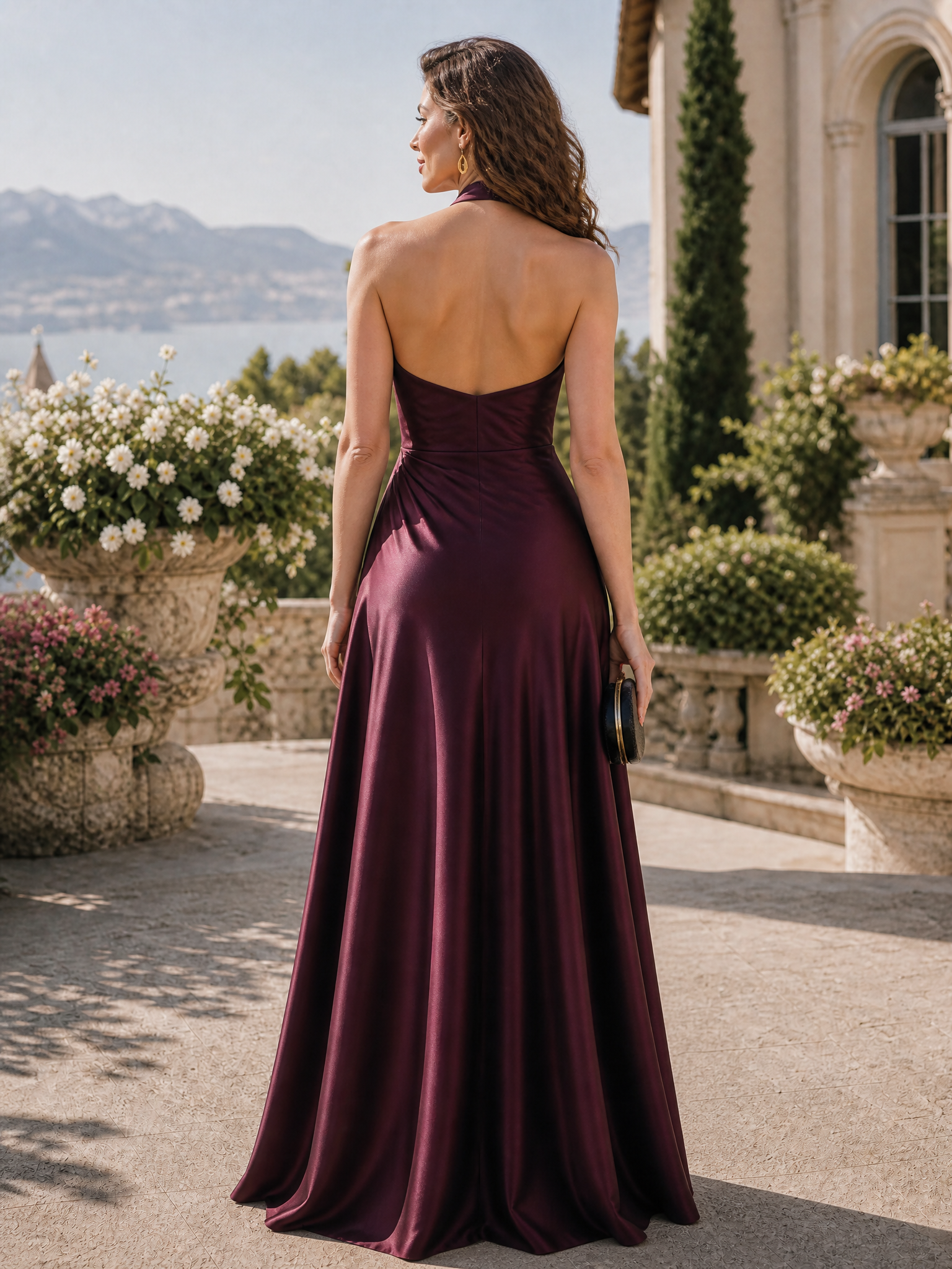 Formal Wedding Guest Dress Burgundy Halter Neck Maxi Satin Dress