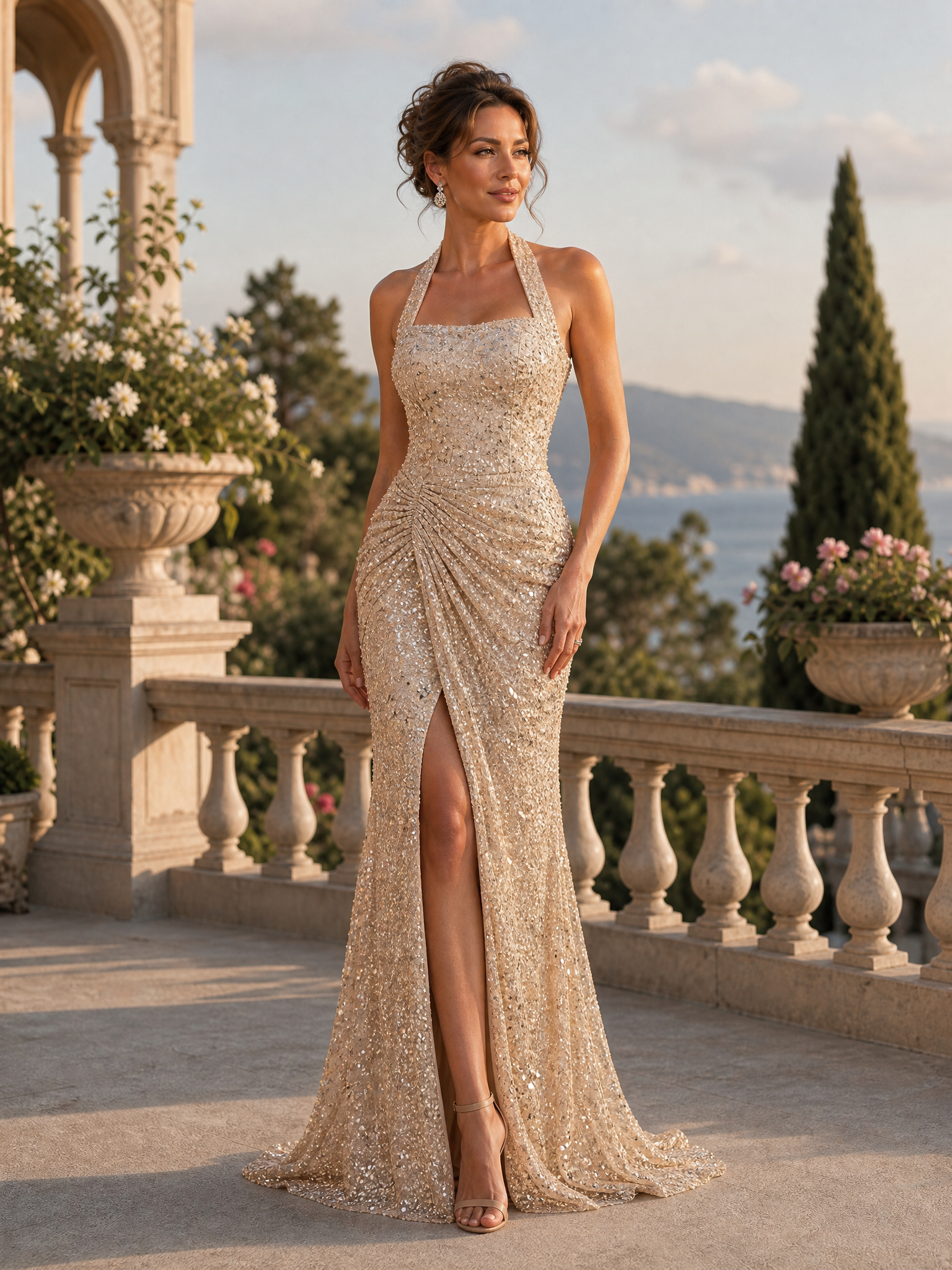 Sparkly Champagne Halter Ruched Sequin Long Gala Dress with Slit