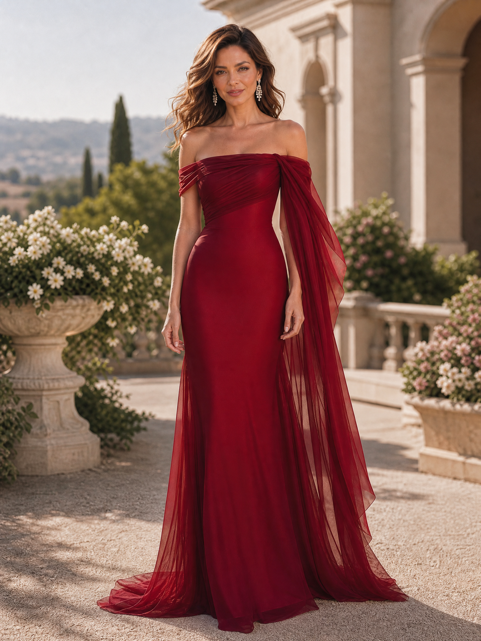 Cabernet Off the Shoulder Sheath Maxi Formal Dress with Ruffles