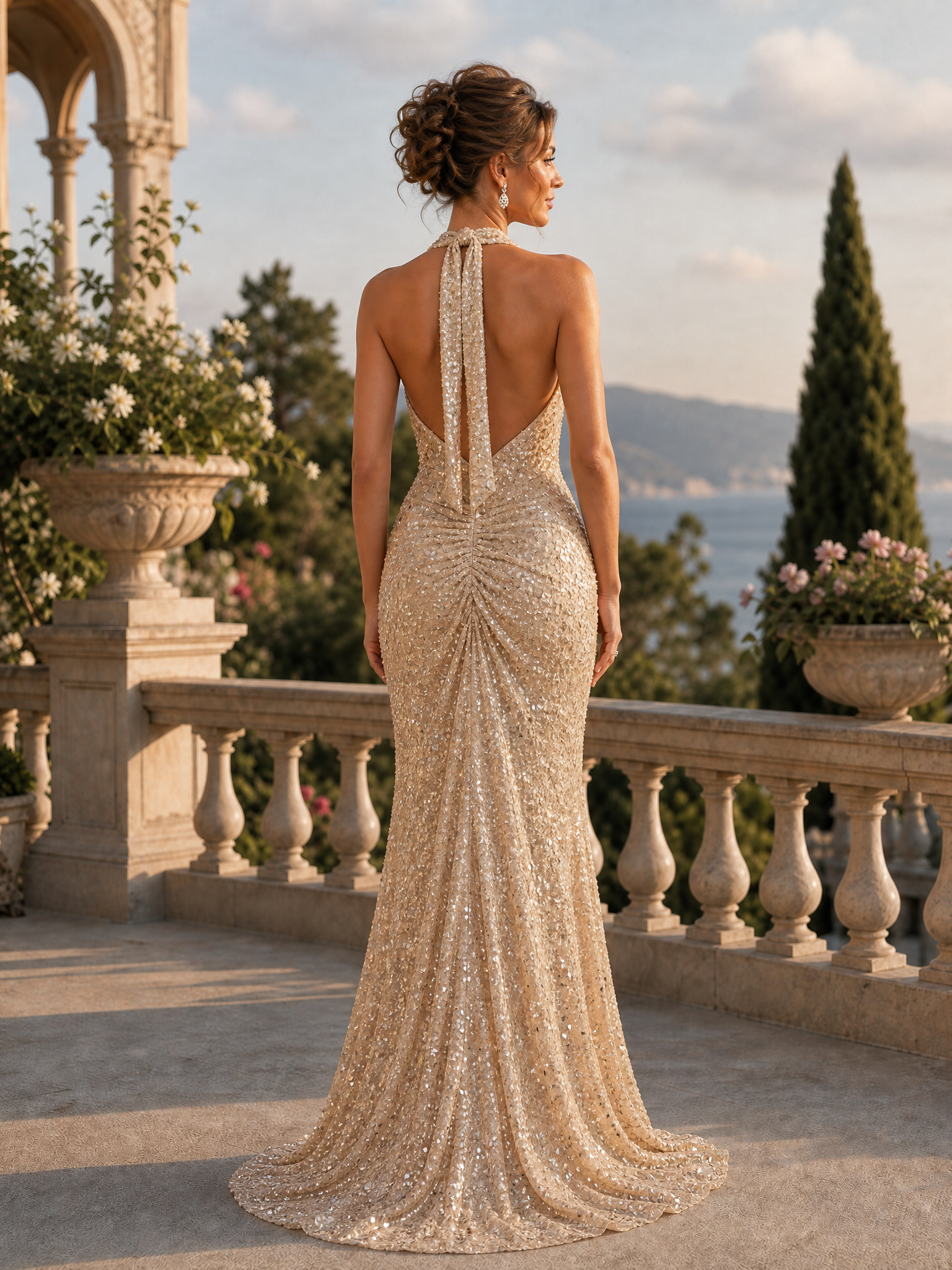 Sparkly Champagne Halter Ruched Sequin Long Gala Dress with Slit