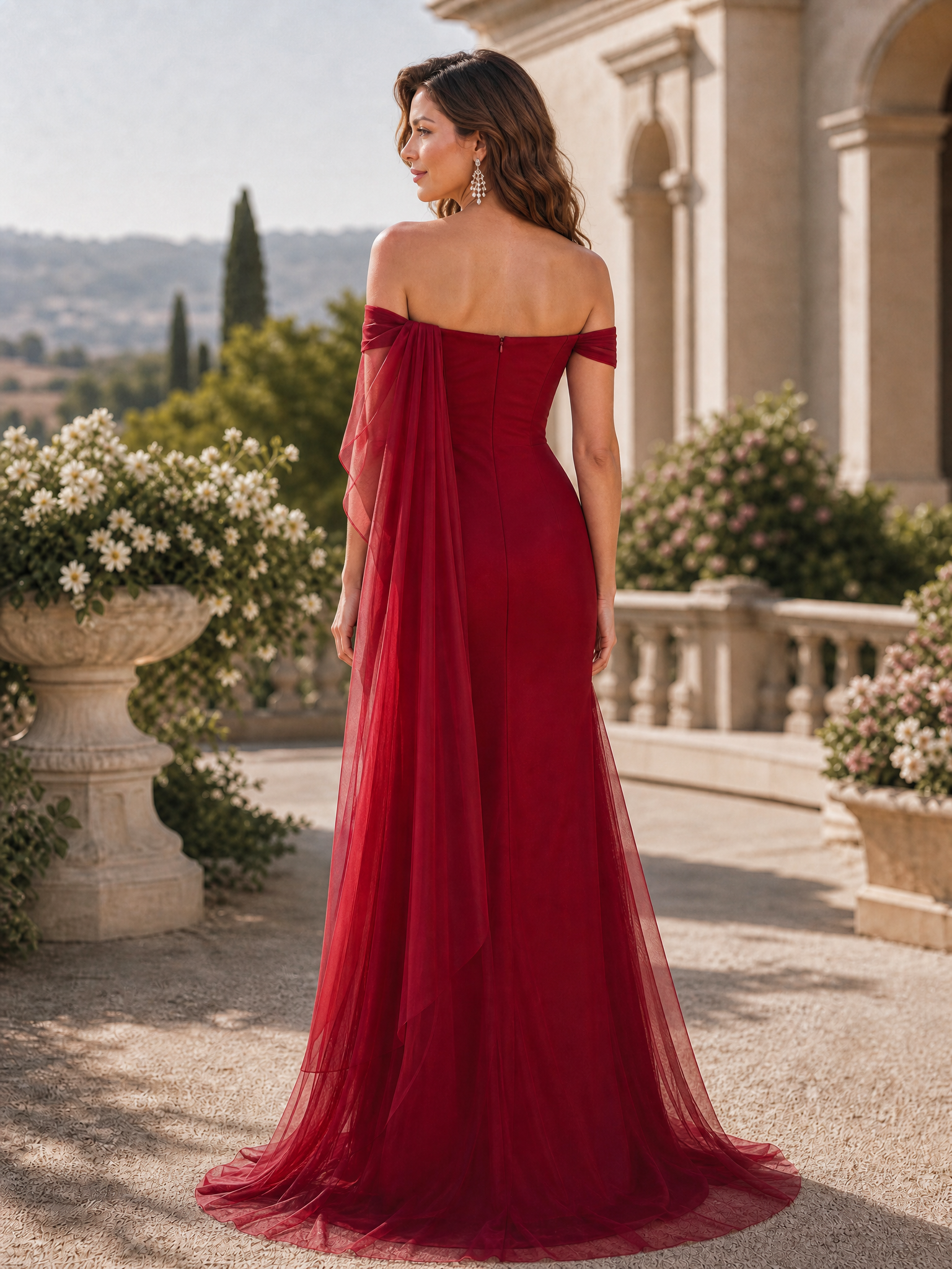 Cabernet Off the Shoulder Sheath Maxi Formal Dress with Ruffles