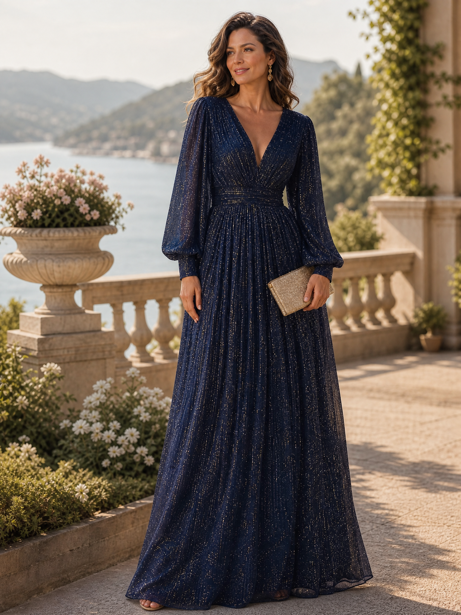 Long Sleeve Shimmer Pleated V-Neck Gown