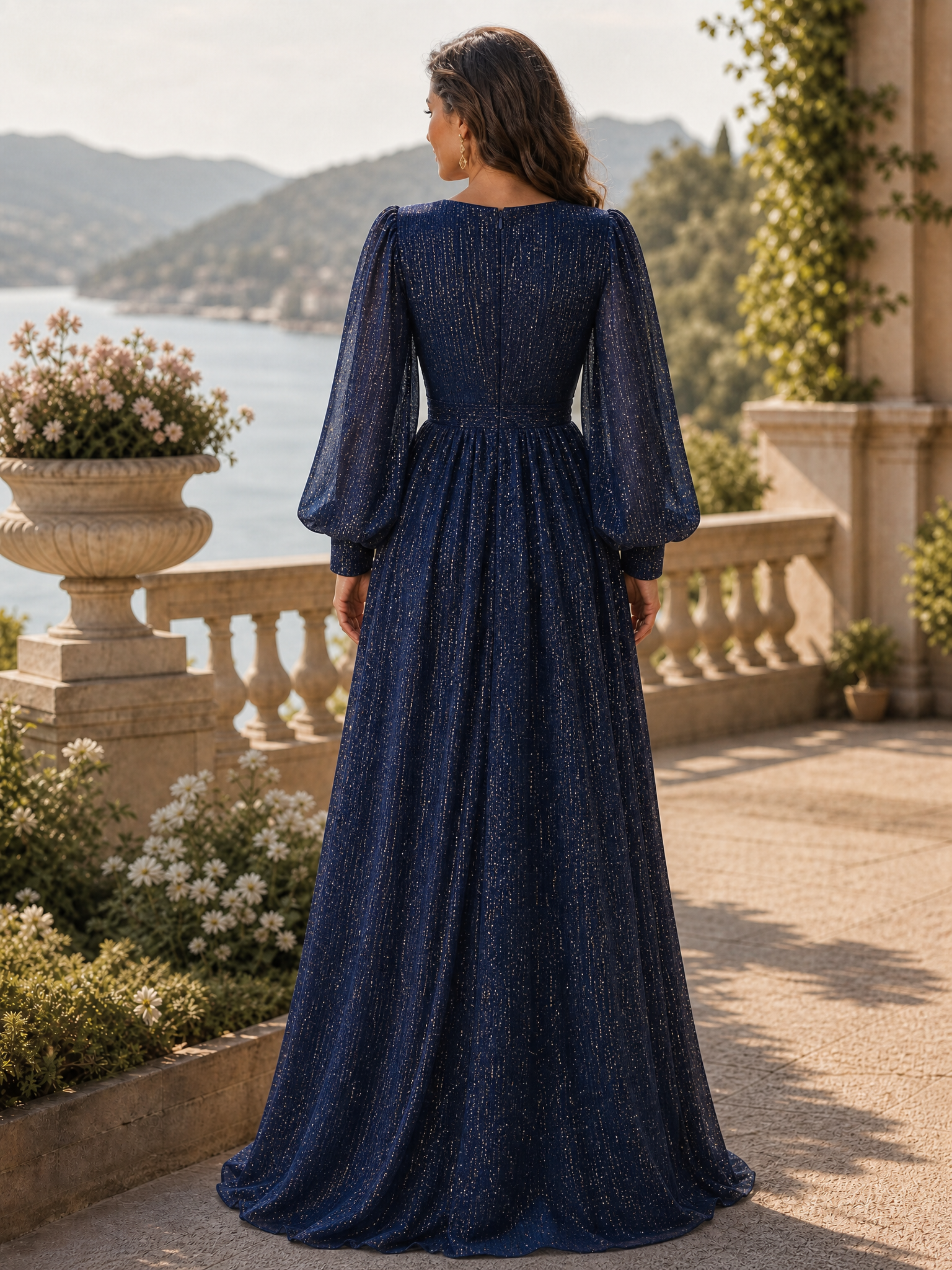 Long Sleeve Shimmer Pleated V-Neck Gown
