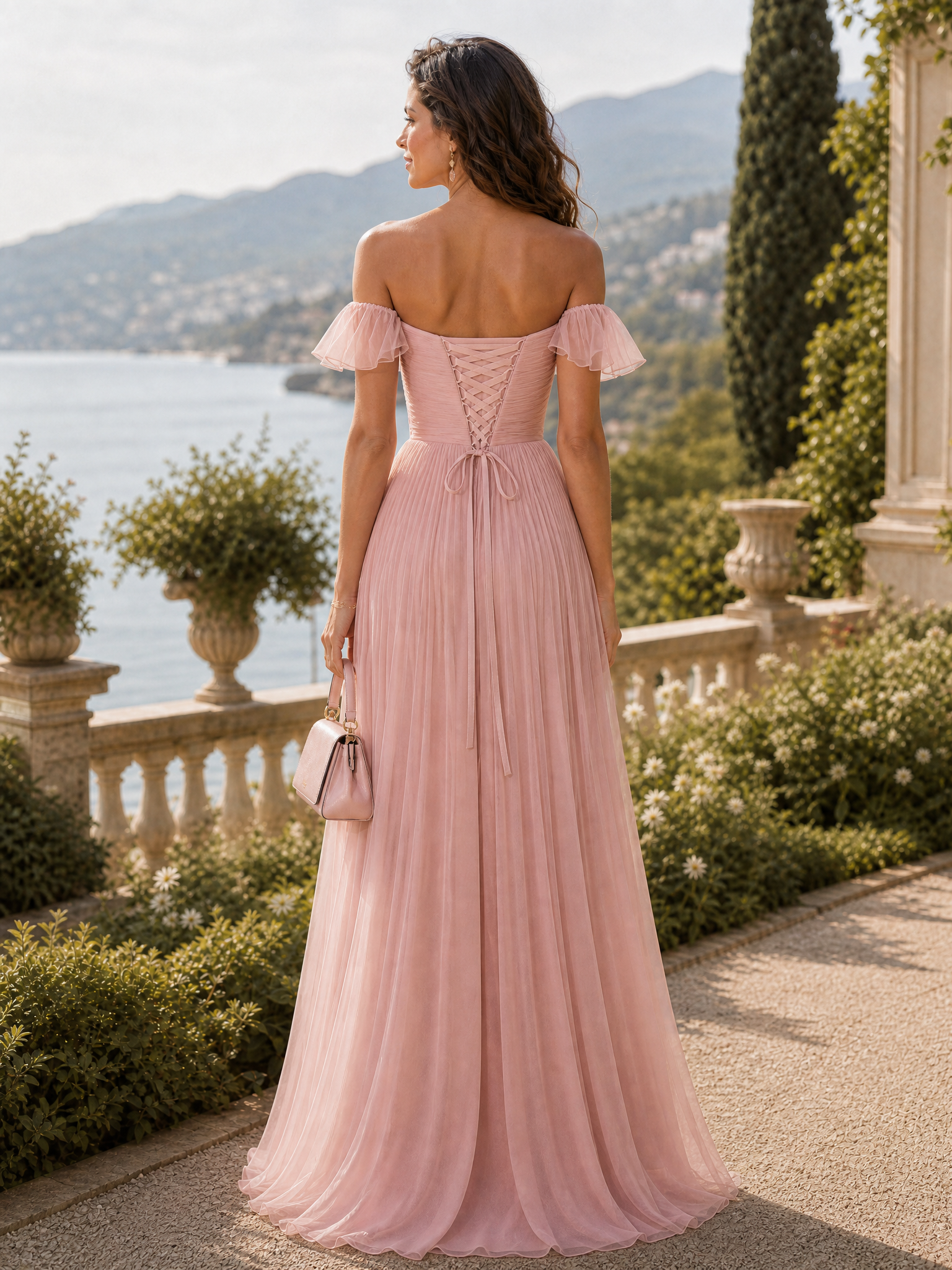 Pink Ruffled Pleated Tulle Off The Shoulder Short Sleeve A-Line Gown Dress