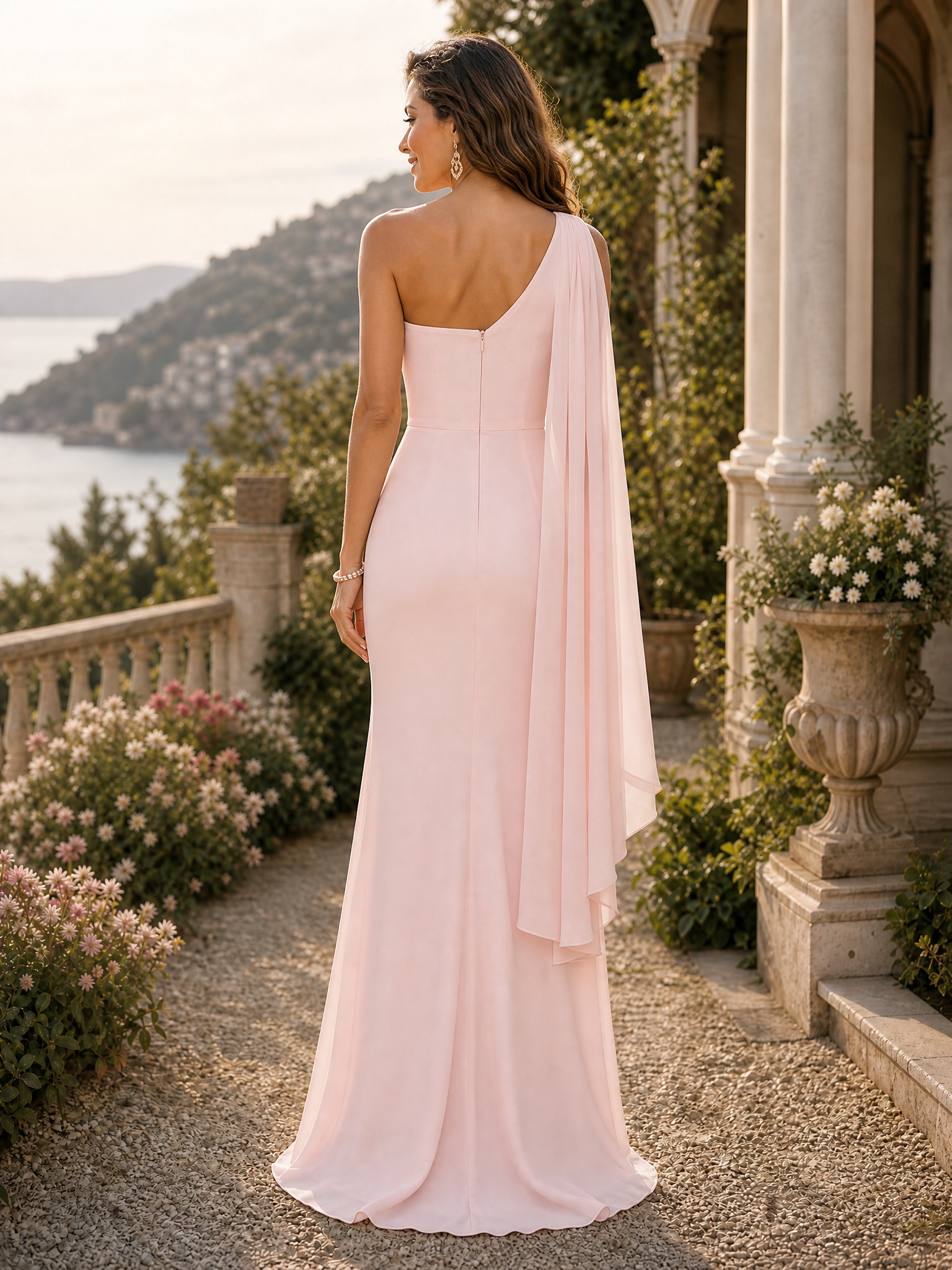 Light Pink One Shoulder 3D Flower Side Cape Chiffon Maxi Dress