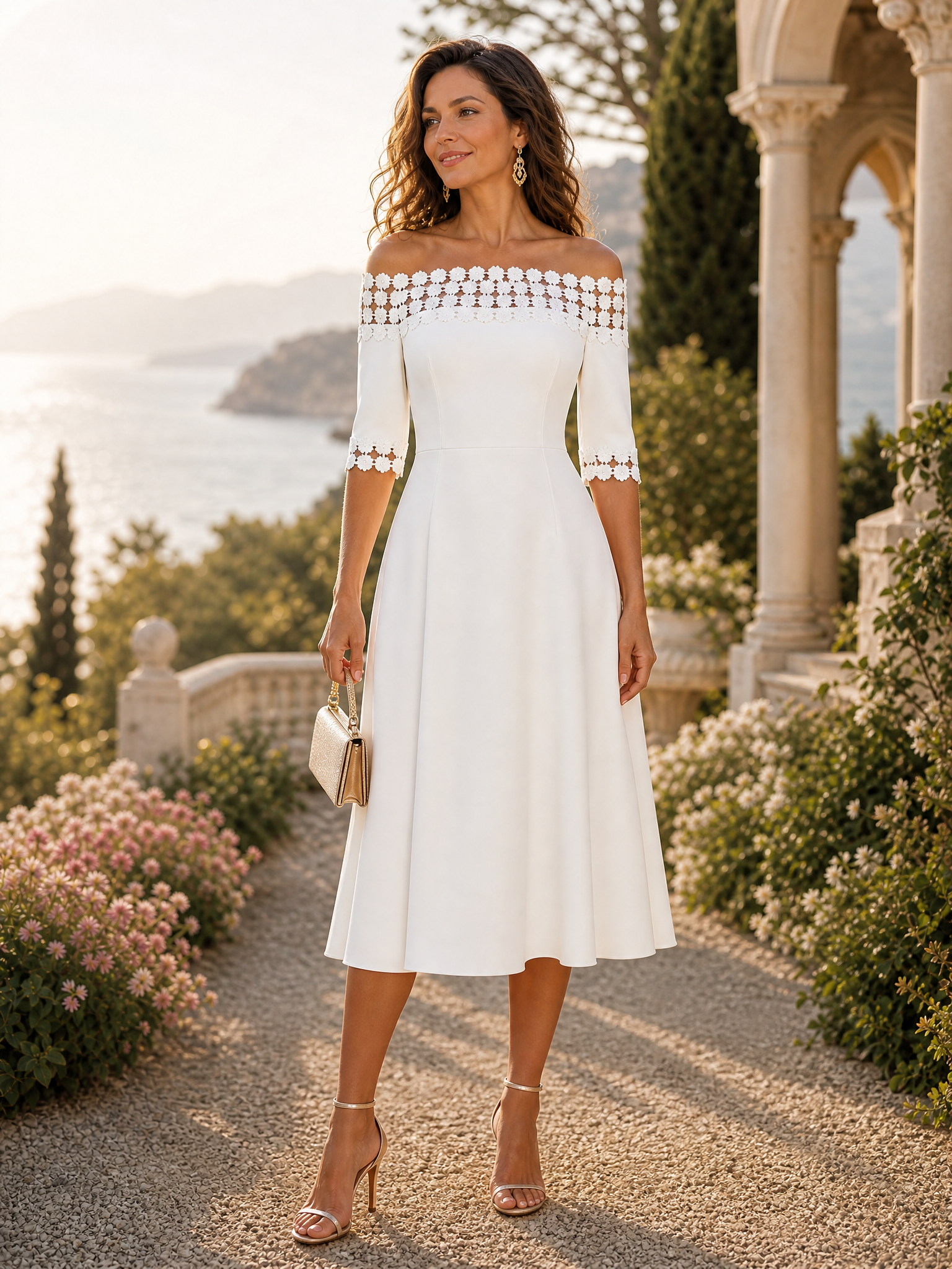 White Lace Classic Off The Shoulder Half Sleeve A-Line Midi Dress