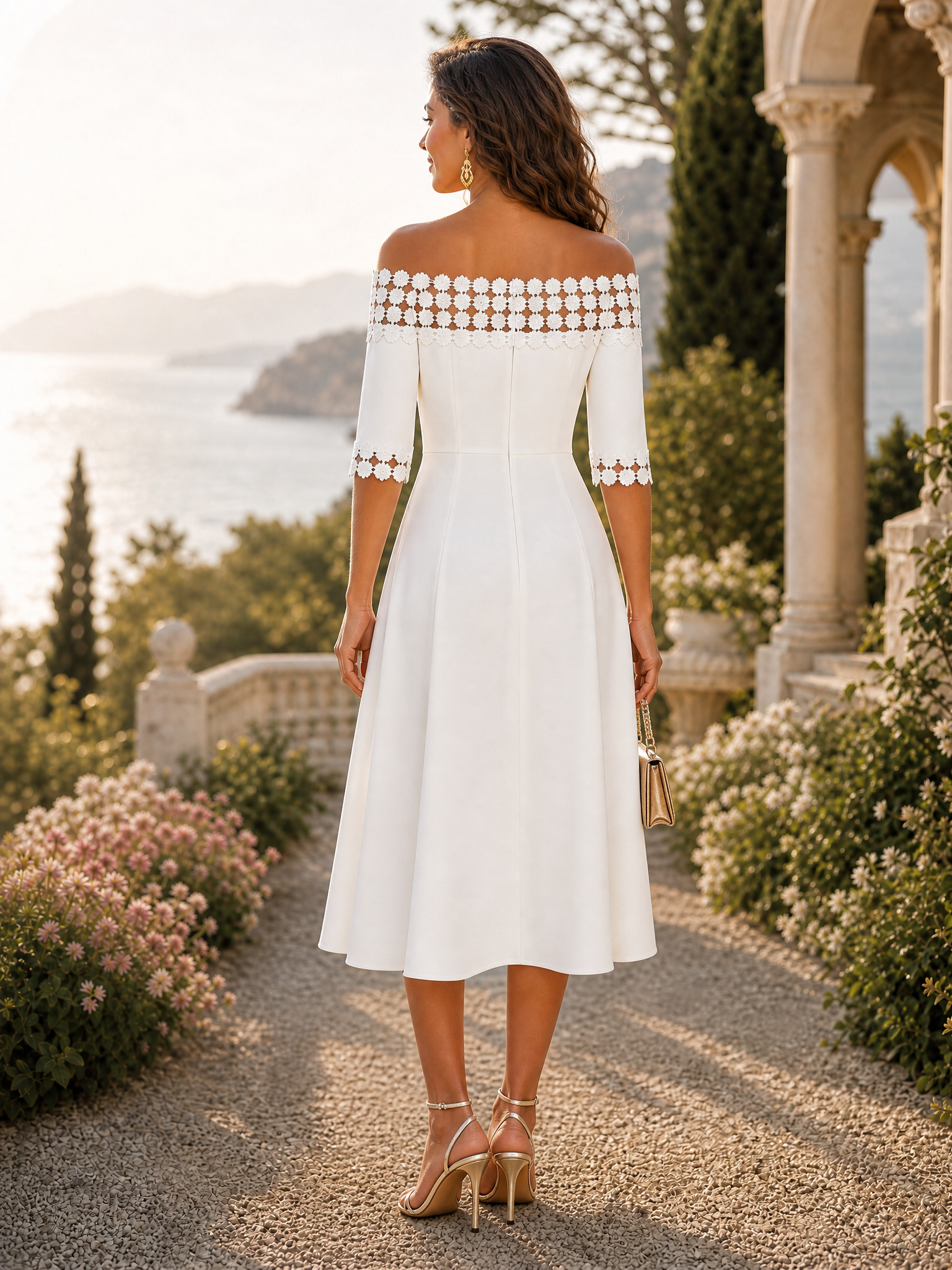 White Lace Classic Off The Shoulder Half Sleeve A-Line Midi Dress