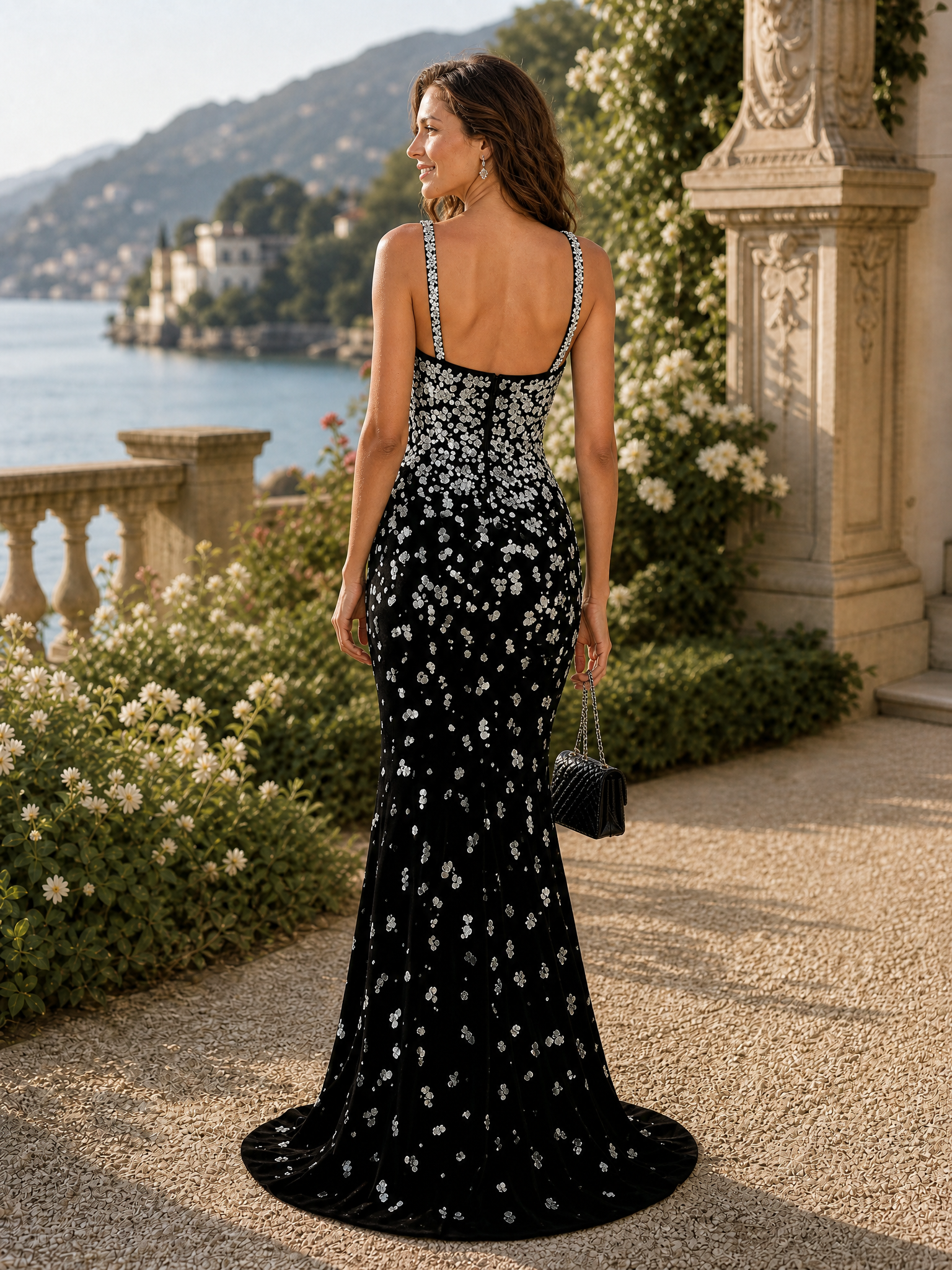 Black Glitter Sequin Square Neck Sleeveless Mermaid Gown Dress