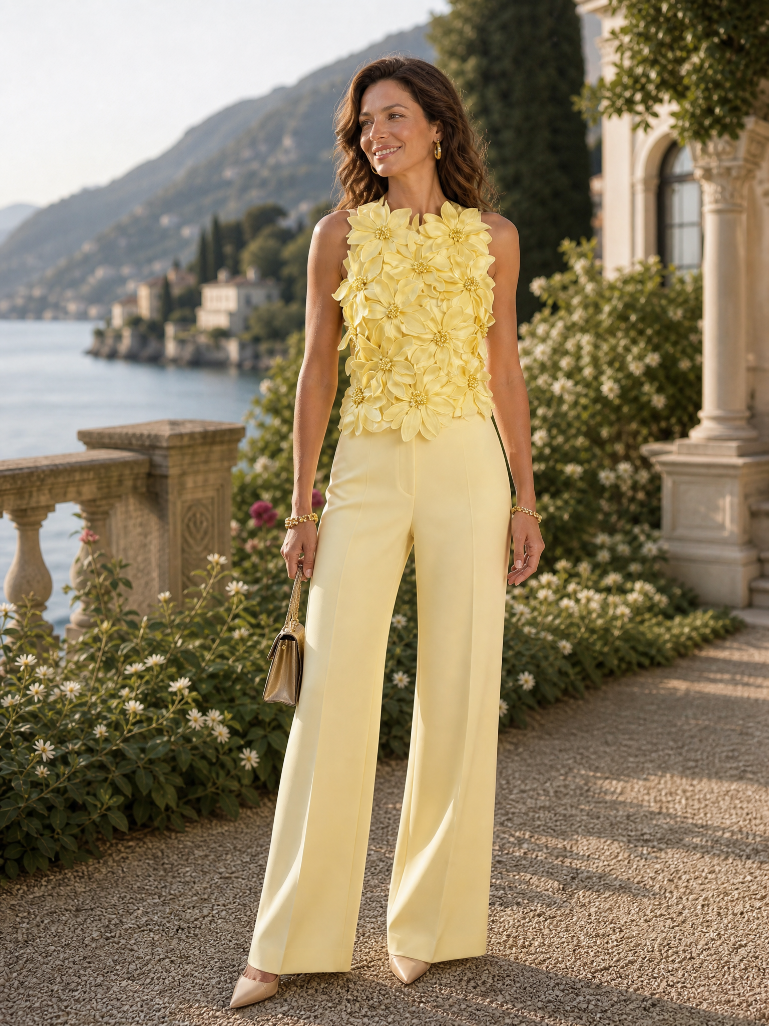 Women Yellow 3D Floral Crew Neck Sleeveless Elegant Jumpsuit
