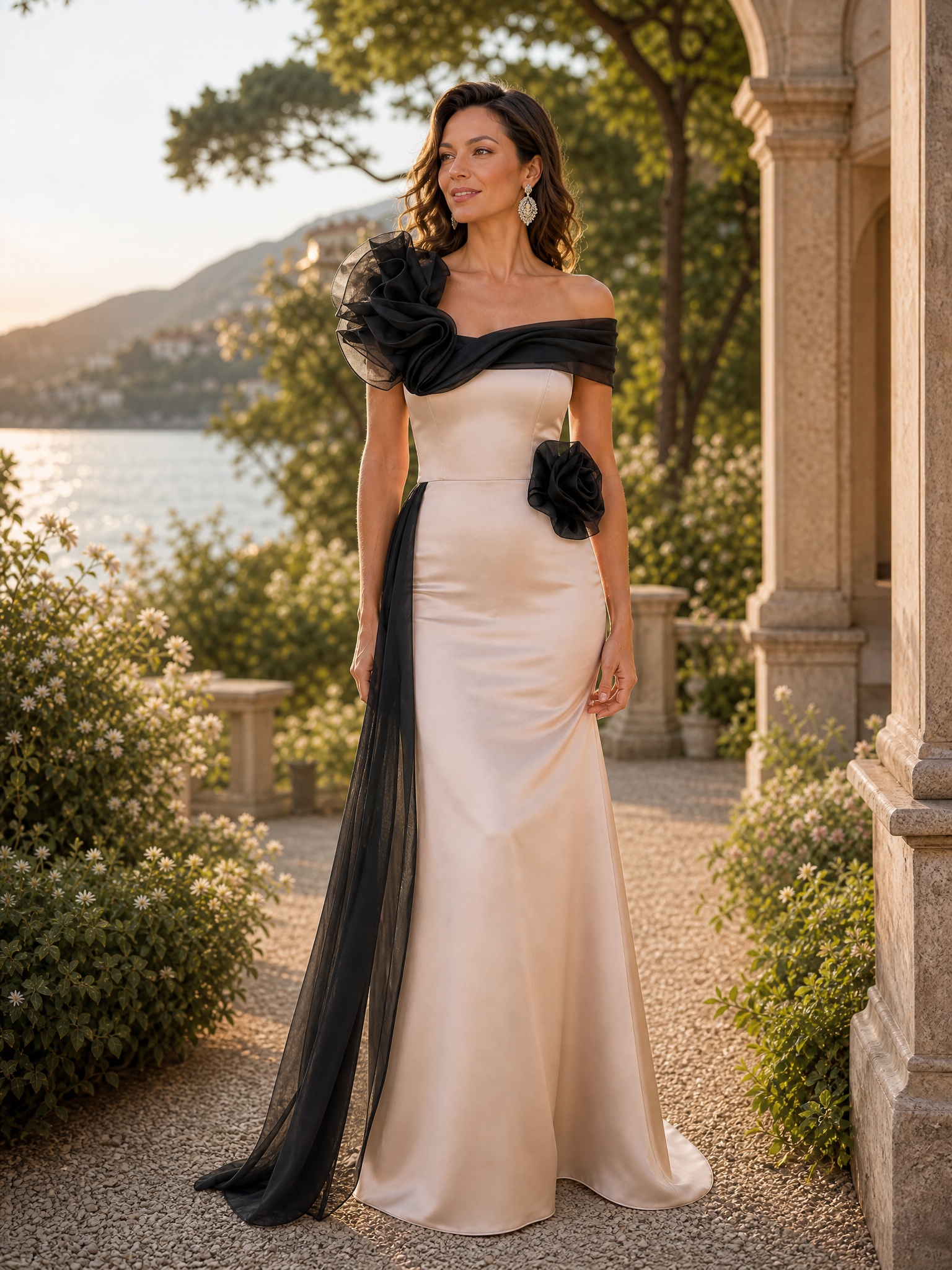 Champagne One Shoulder Mermaid Maxi Formal Dress with 3D Flower