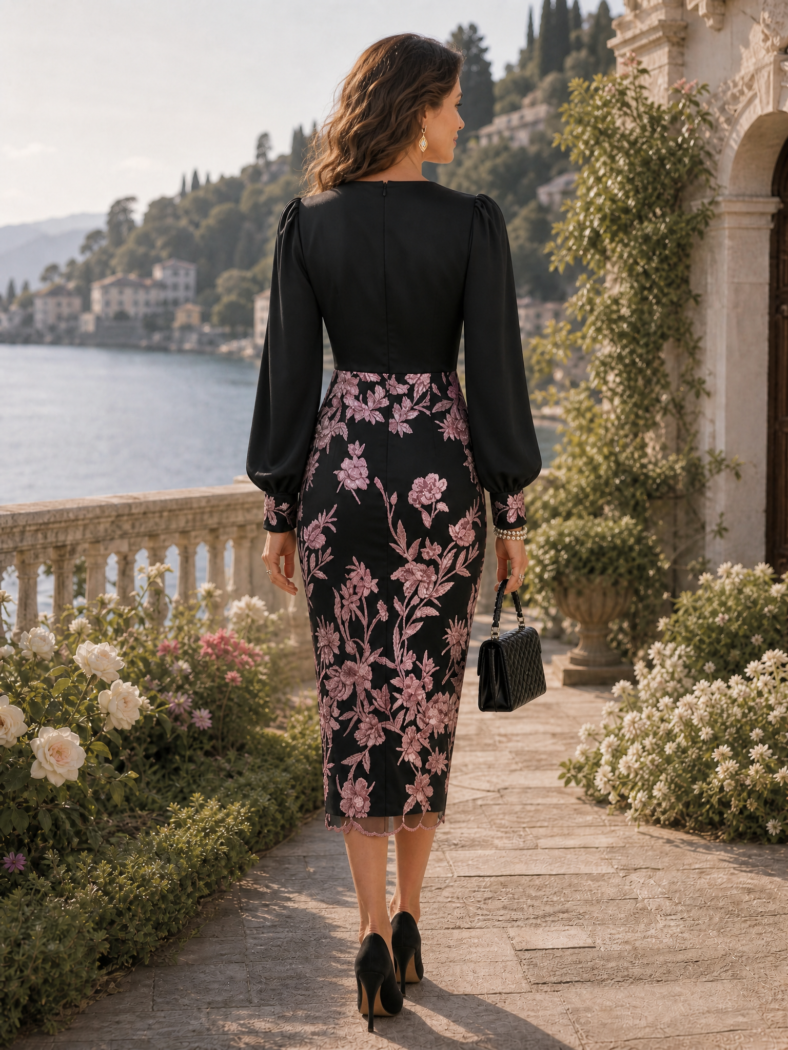 Black Embroidery Chiffon V Neck Long Sleeve Balloon Sleeve Sheath Midi Dress