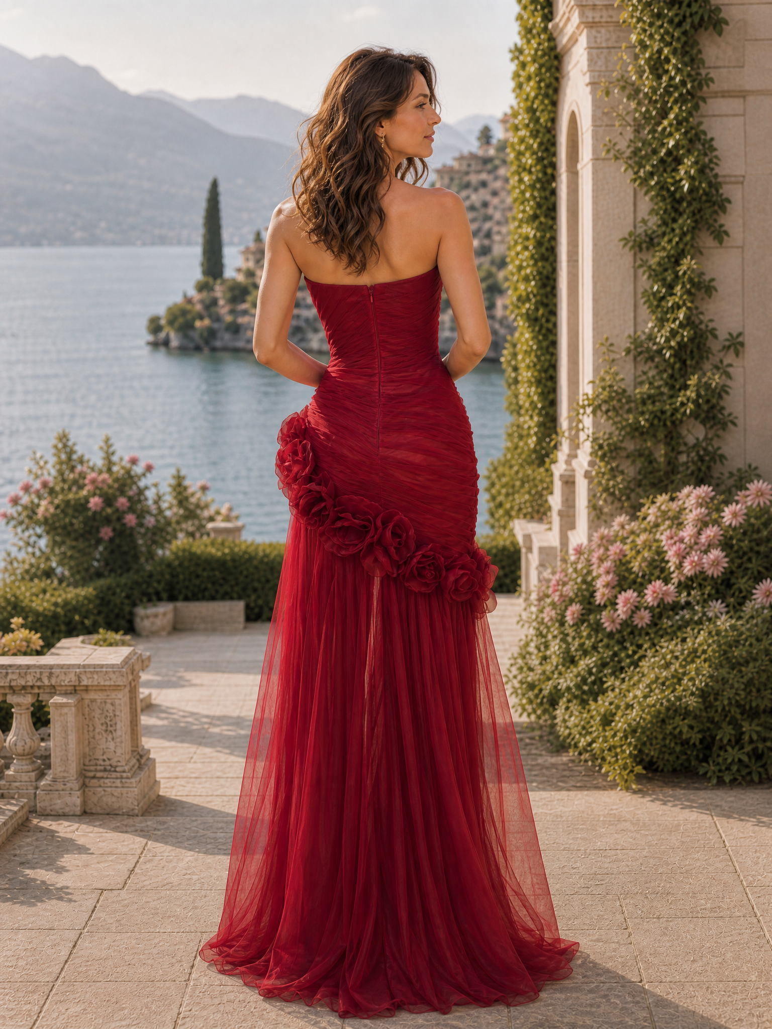 Wine Red 3D Floral Strapless High Slit Tulle Mermaid Evening Dress
