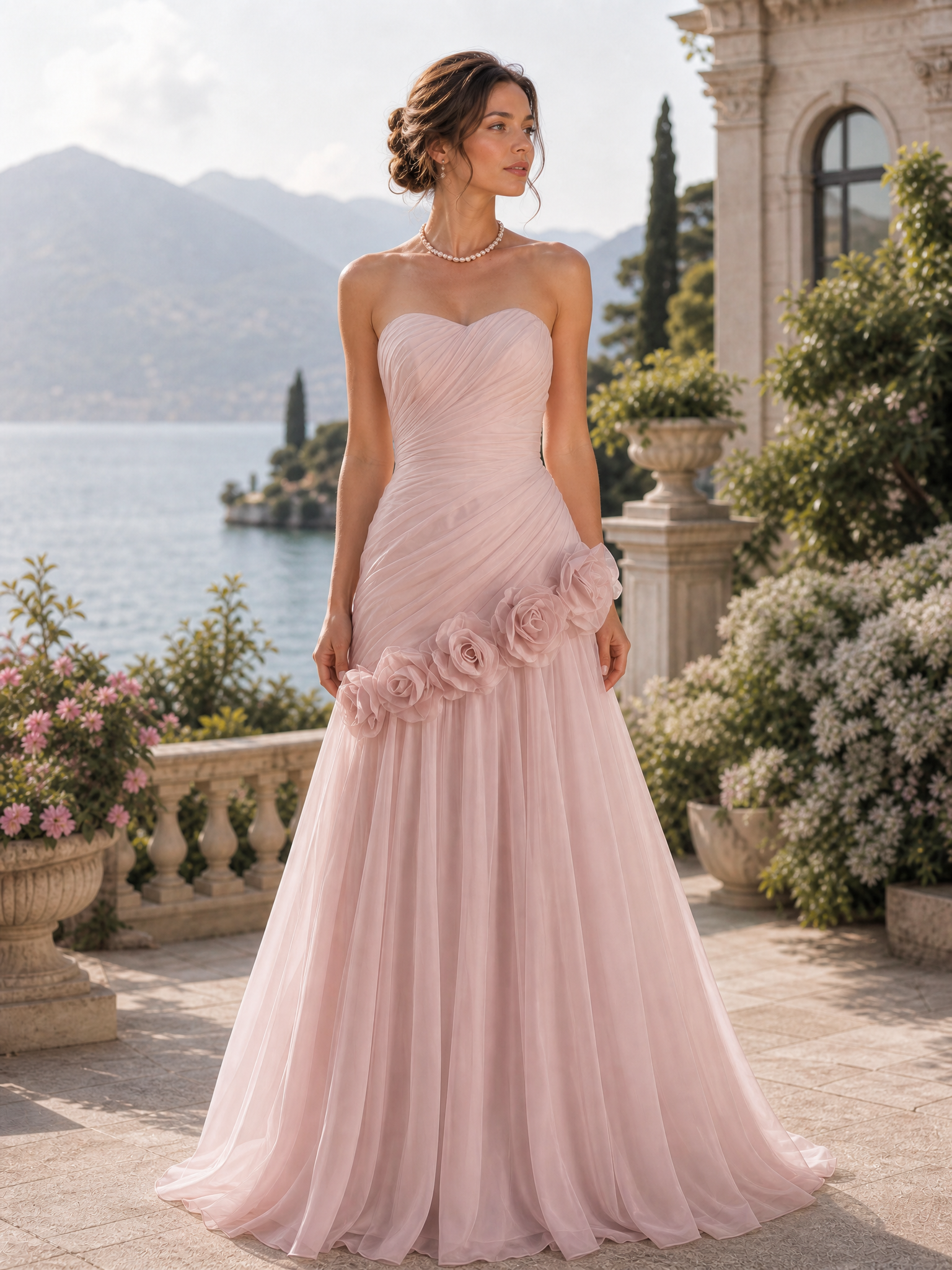 Chiffon Strapless Asymmetrical 3-Dimensional Rose Maxi Dress