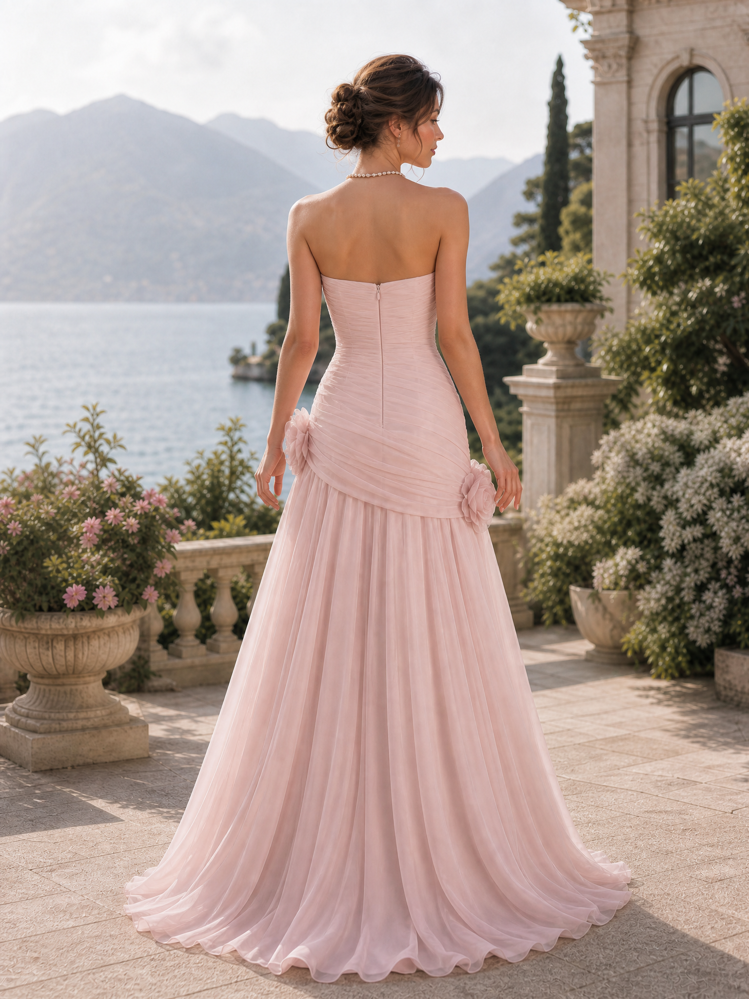 Chiffon Strapless Asymmetrical 3-Dimensional Rose Maxi Dress