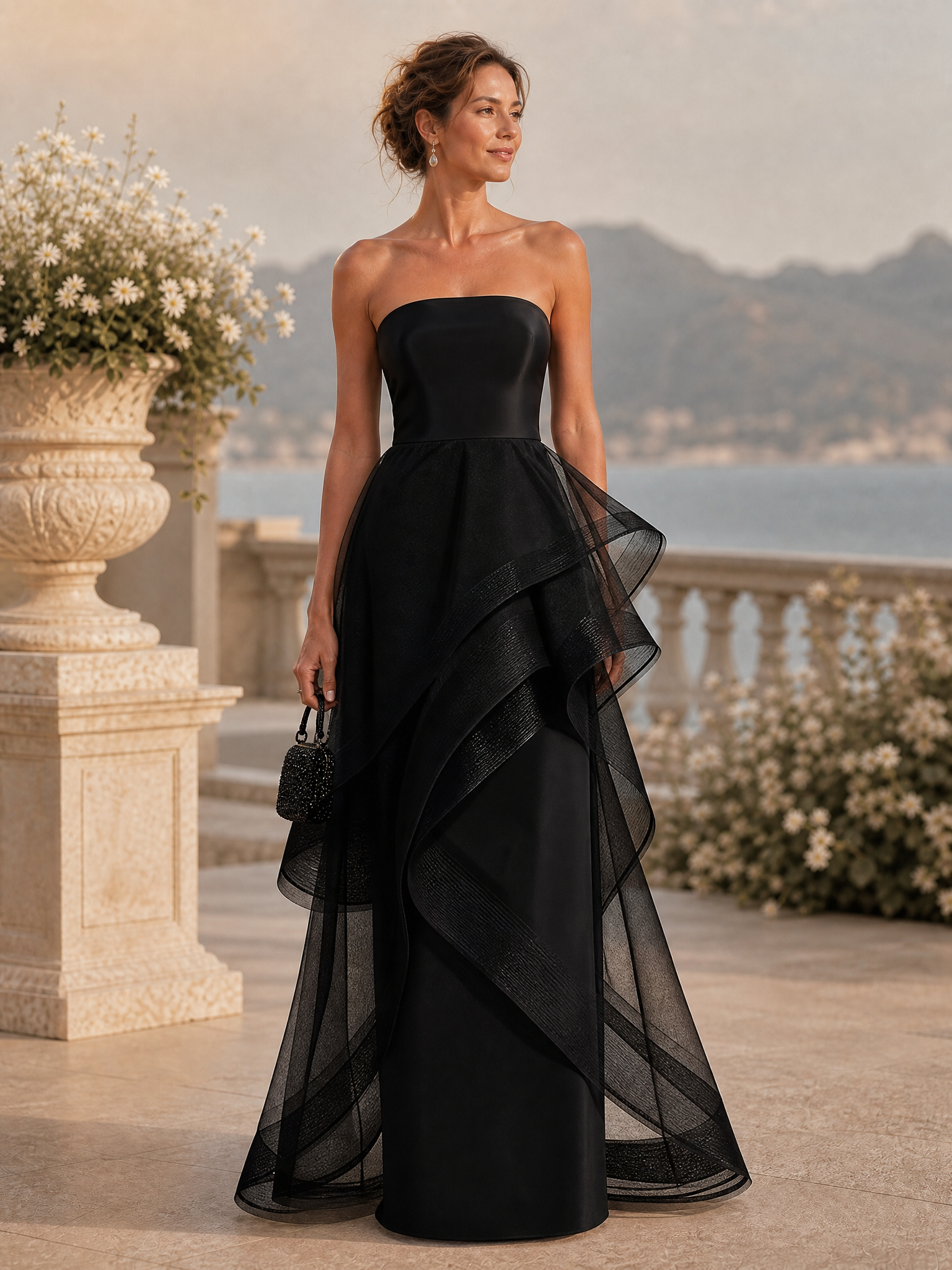 Black Mesh Ruffled Satin Strapless Sleeveless A-Line Floor-length Gown Dress