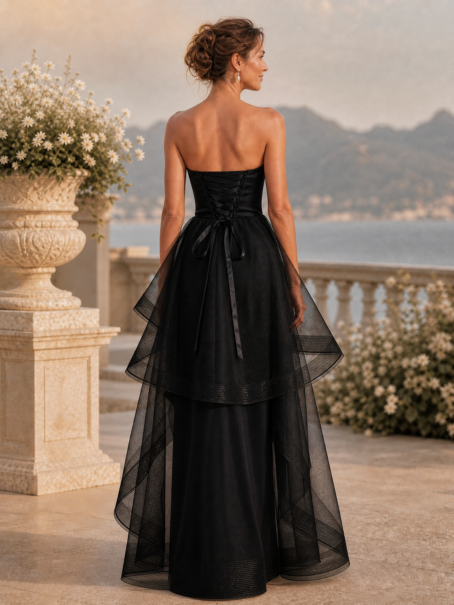 Black Mesh Ruffled Satin Strapless Sleeveless A-Line Floor-length Gown Dress