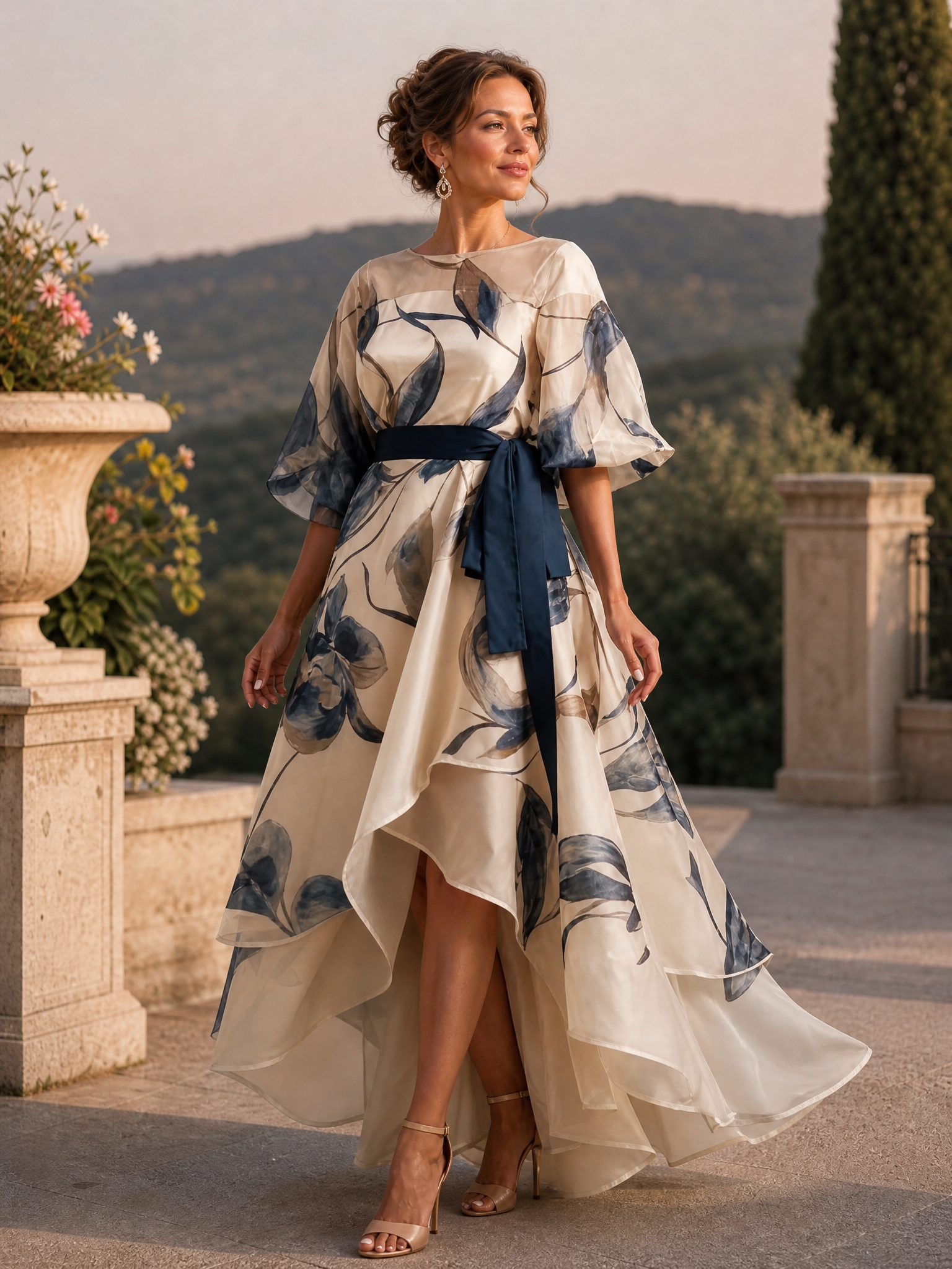 Elegant Navy Floral Organza Gown with High-Low Hem and Sash Belt