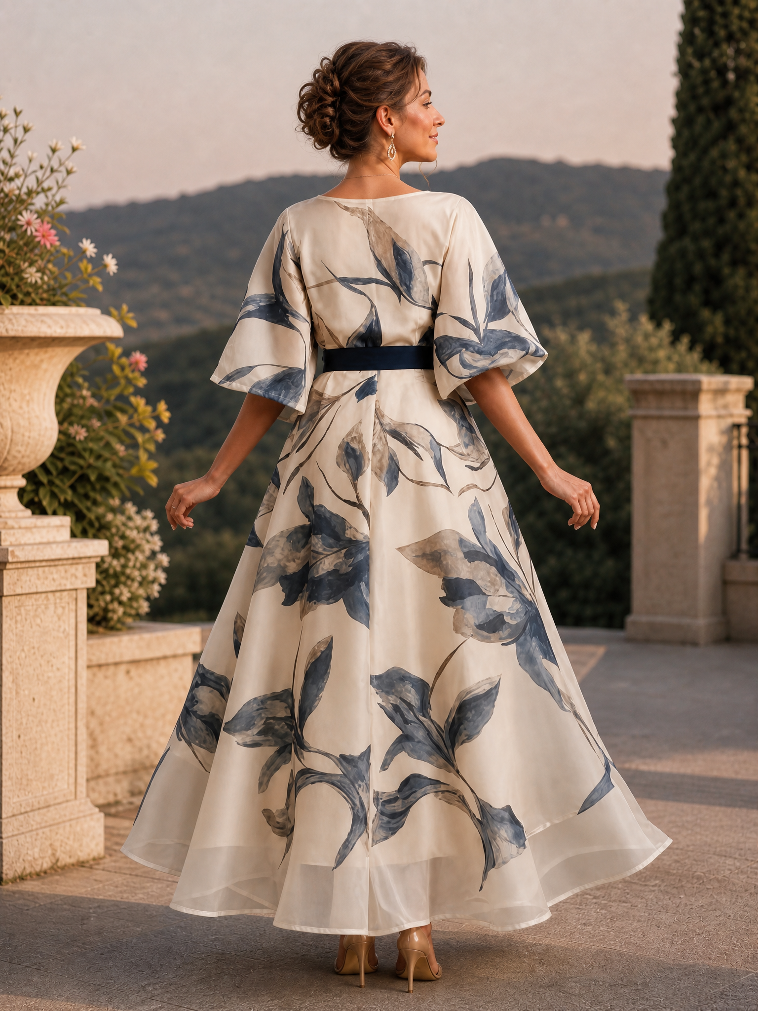 Elegant Navy Floral Organza Gown with High-Low Hem and Sash Belt