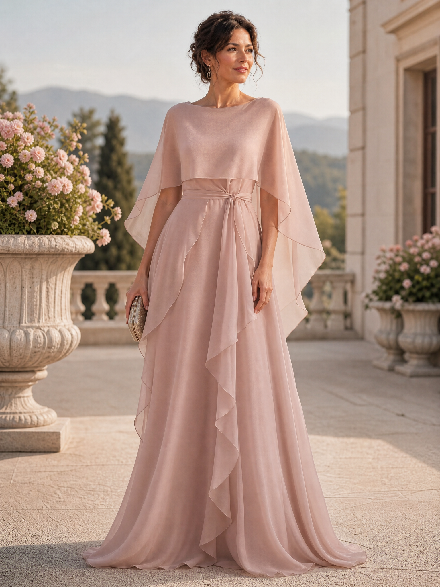 Dusty Pink Chiffon Cape Overlay Waist‑Tied Ruffled Floor‑Length Mother of Bride Evening Gown