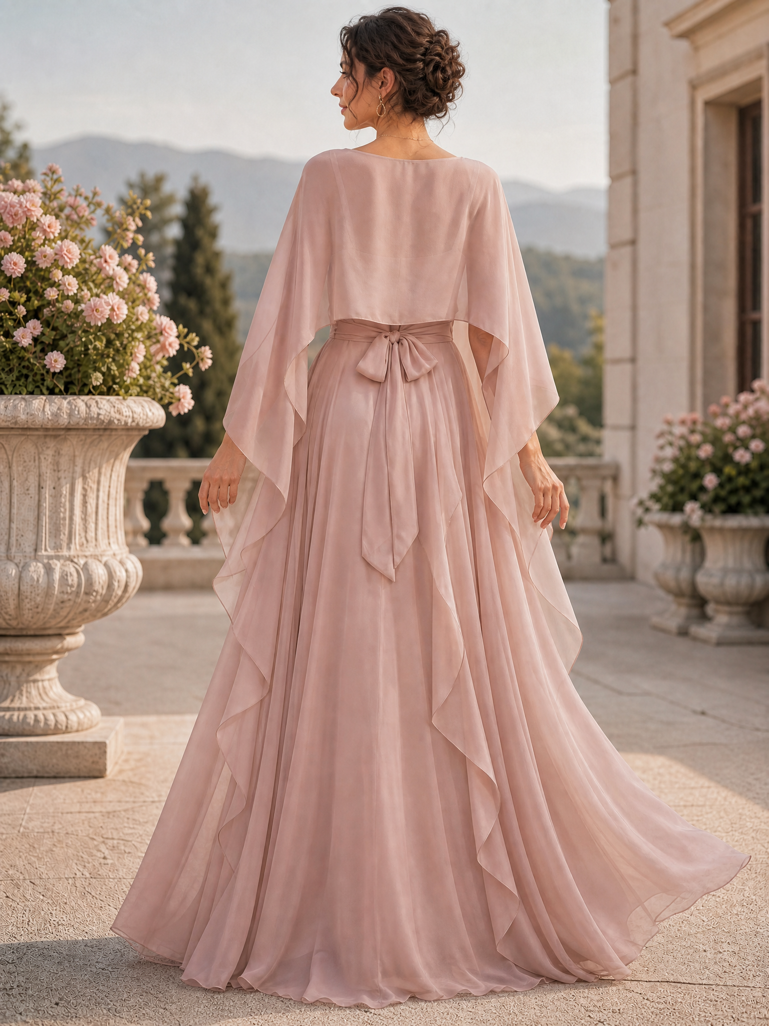 Dusty Pink Chiffon Cape Overlay Waist‑Tied Ruffled Floor‑Length Mother of Bride Evening Gown