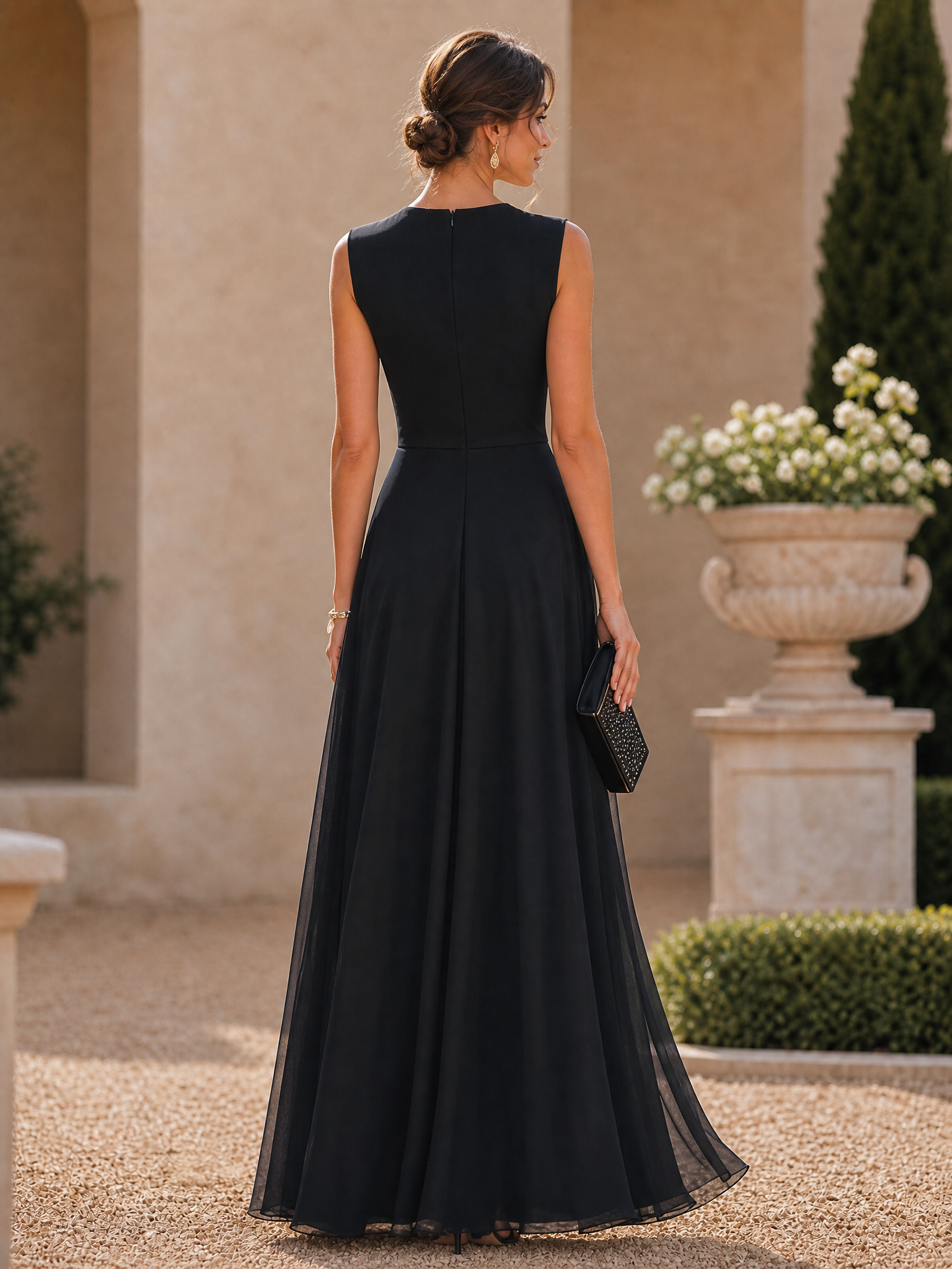 Black Round Neck Sleeveless Draped Ruched High‑Slit Chiffon Floor‑Length Evening Gown