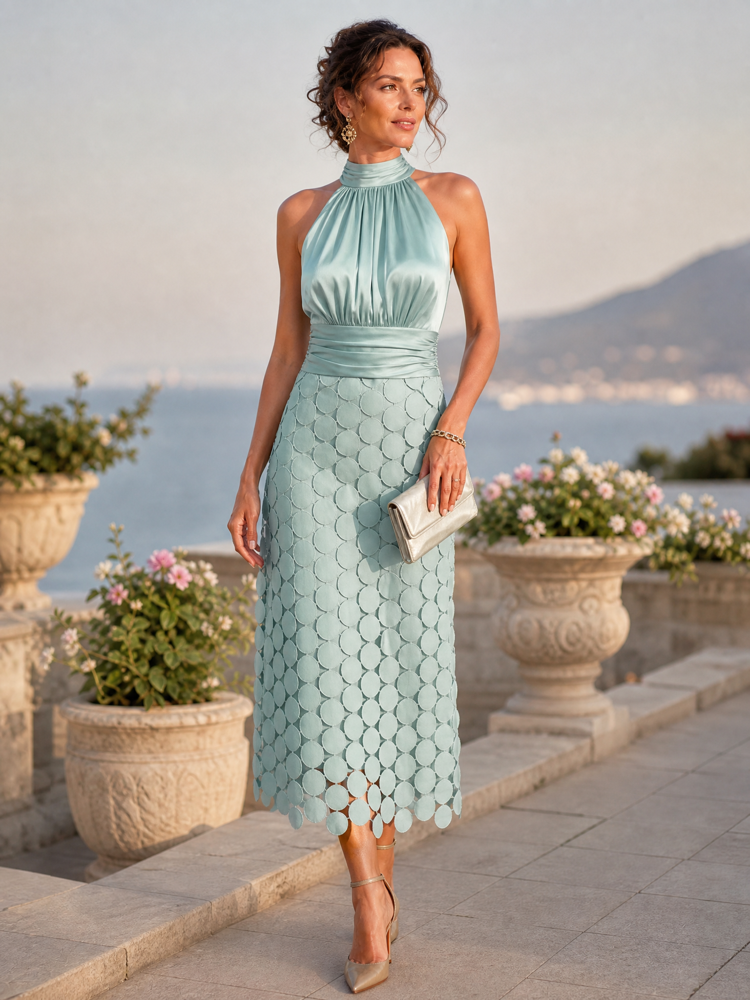 Dusty‑Teal Halter Satin Bodice Circular Cut‑Out Midi Formal Dress