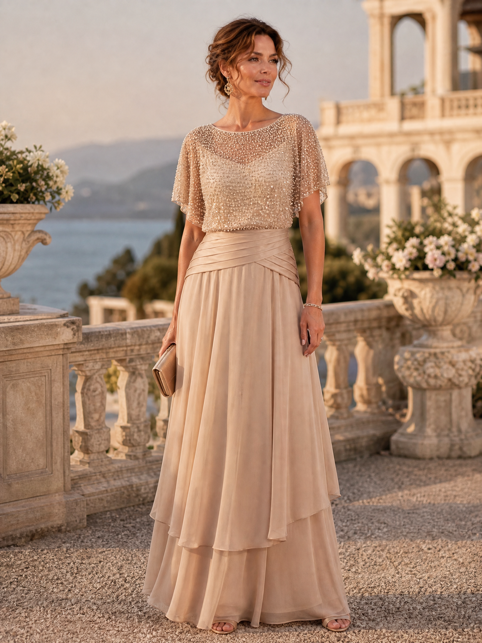 Champagne Beaded Flutter‑Sleeve Bodice Pleated Waist Multi‑Layer Chiffon Floor‑Length Evening Gown