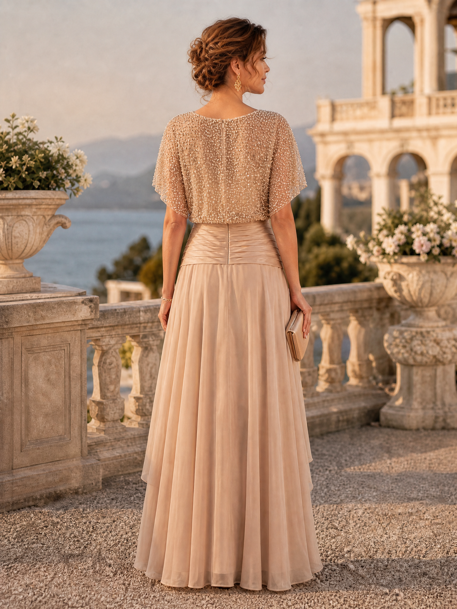 Champagne Beaded Flutter‑Sleeve Bodice Pleated Waist Multi‑Layer Chiffon Floor‑Length Evening Gown