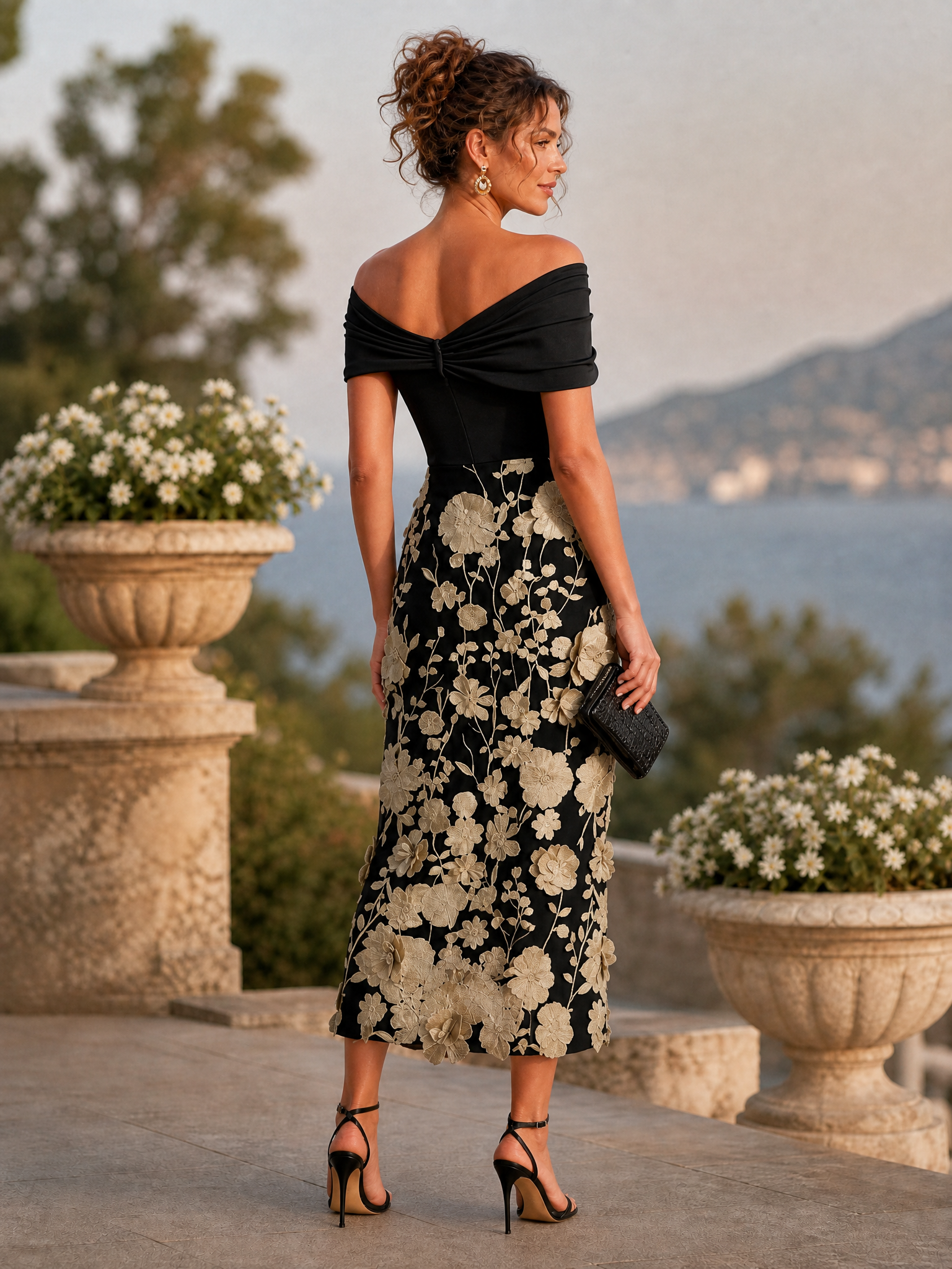 Black Off‑the‑Shoulder Twist Bodice 3D Floral Appliqué Midi Sheath Formal Dress