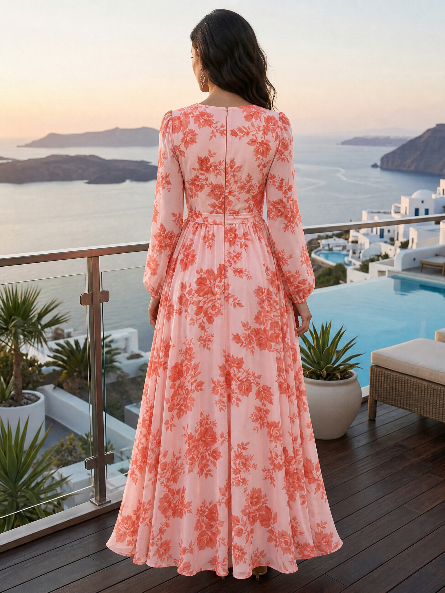 Pink Orange Floral Wrap V-Neck Long Sleeve High Slit Maxi Dress