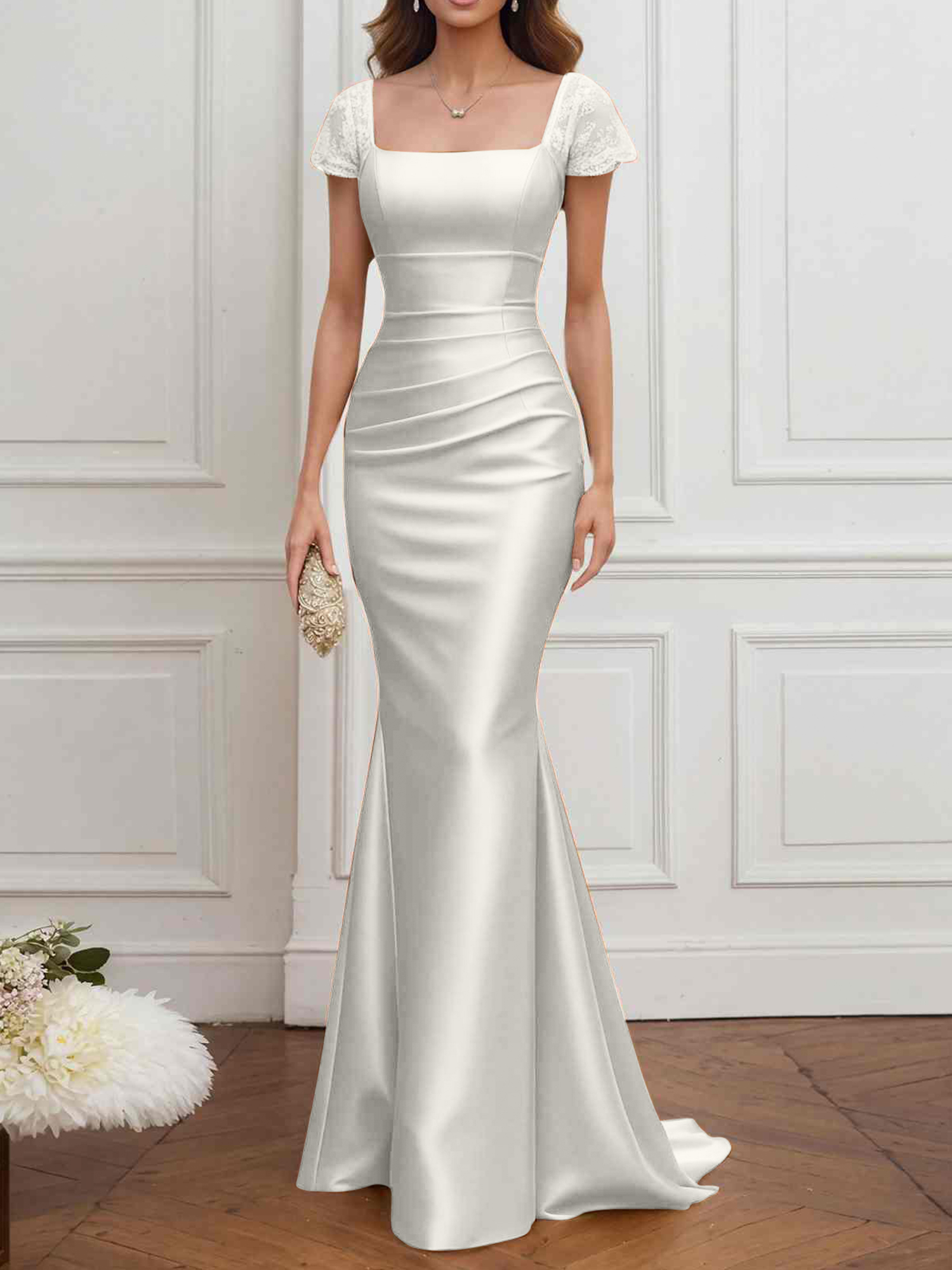 Formal ​Wedding Guest Dress Gold Square Neck Satin Maxi Dress