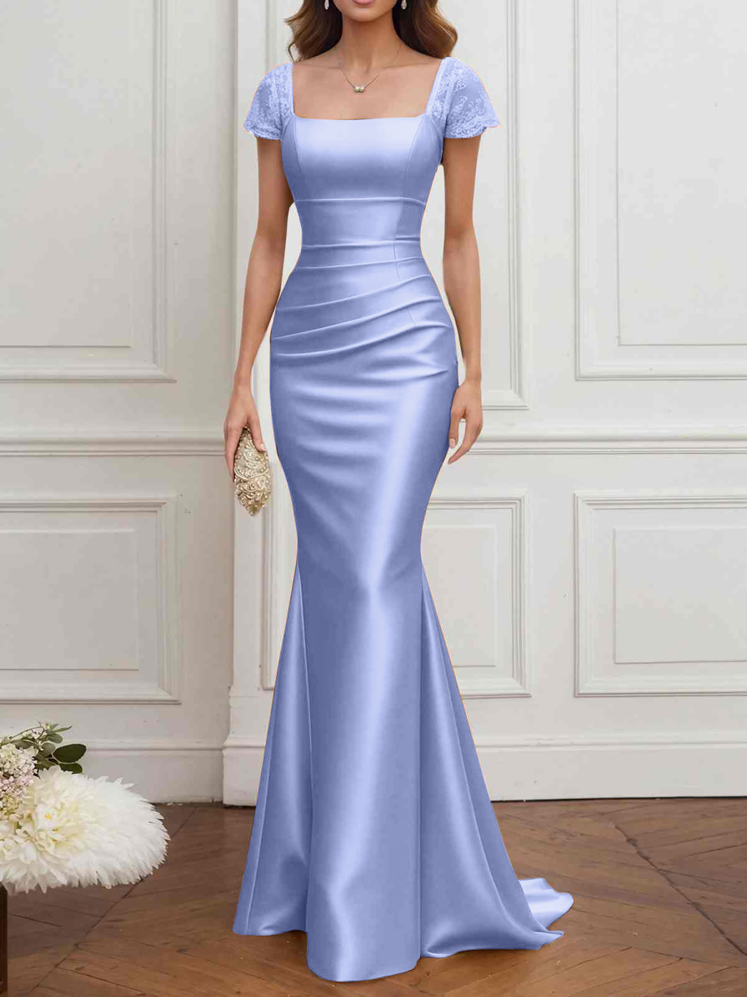 Formal ​Wedding Guest Dress Gold Square Neck Satin Maxi Dress