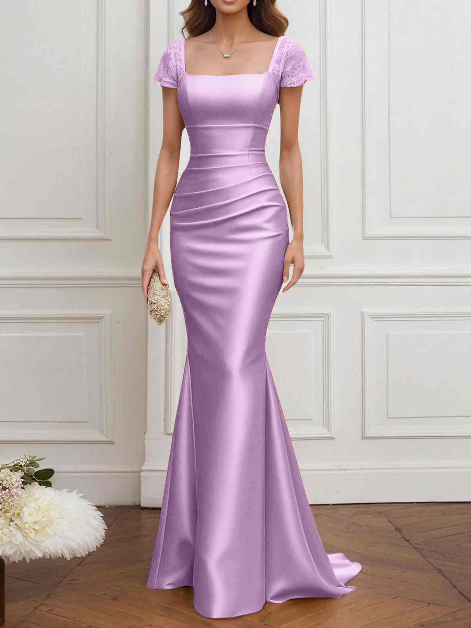 Formal ​Wedding Guest Dress Gold Square Neck Satin Maxi Dress