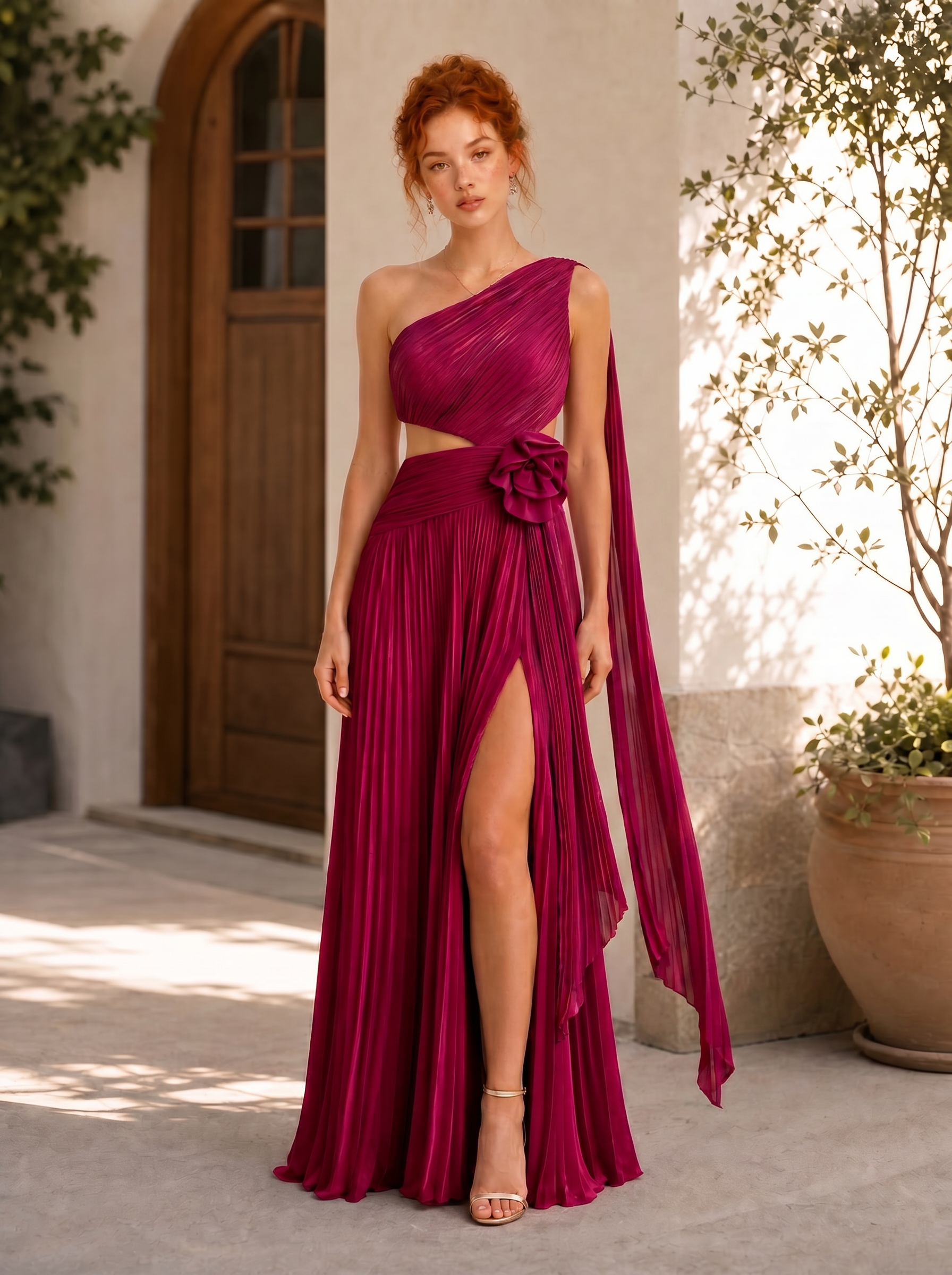 One-Shoulder Magenta Pleated Chiffon Evening Dresses