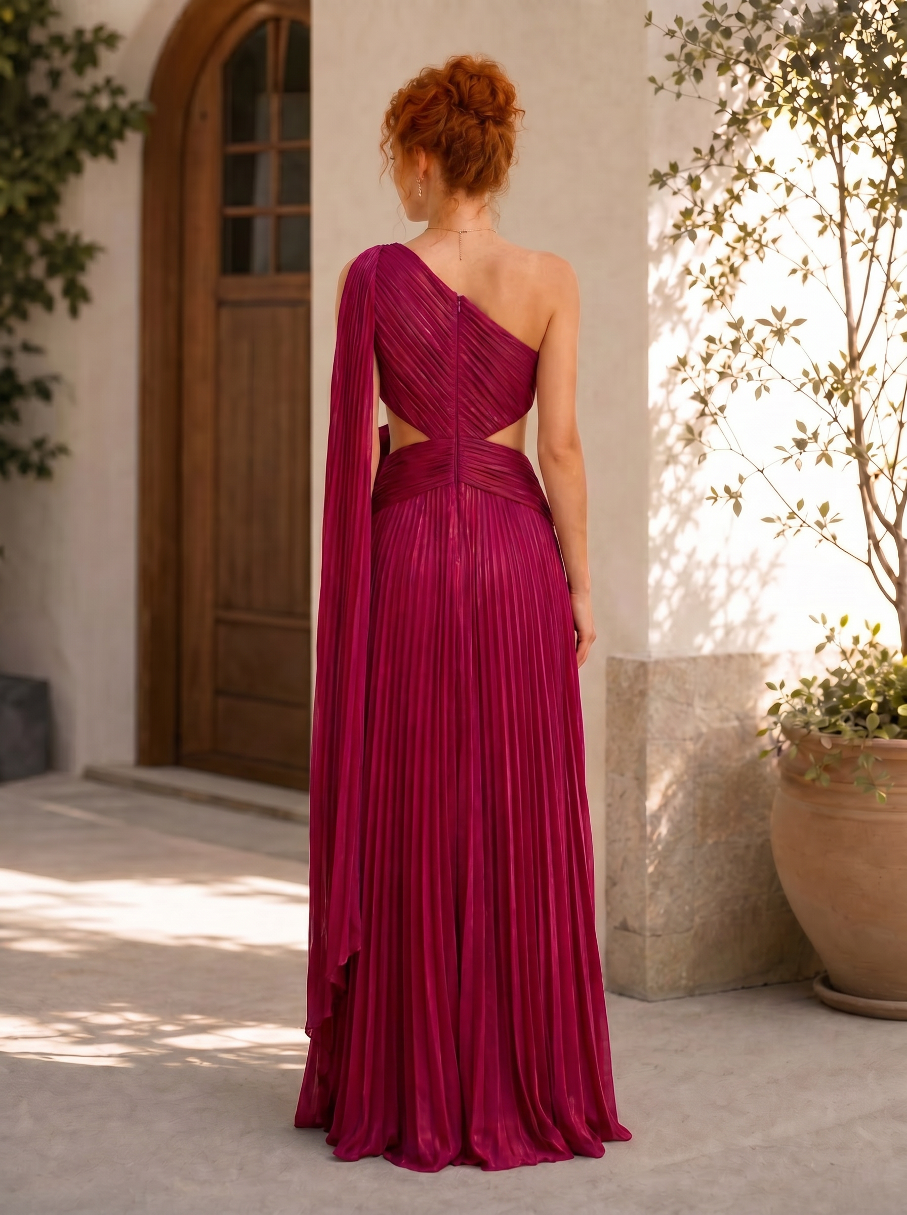 One-Shoulder Magenta Pleated Chiffon Evening Dresses