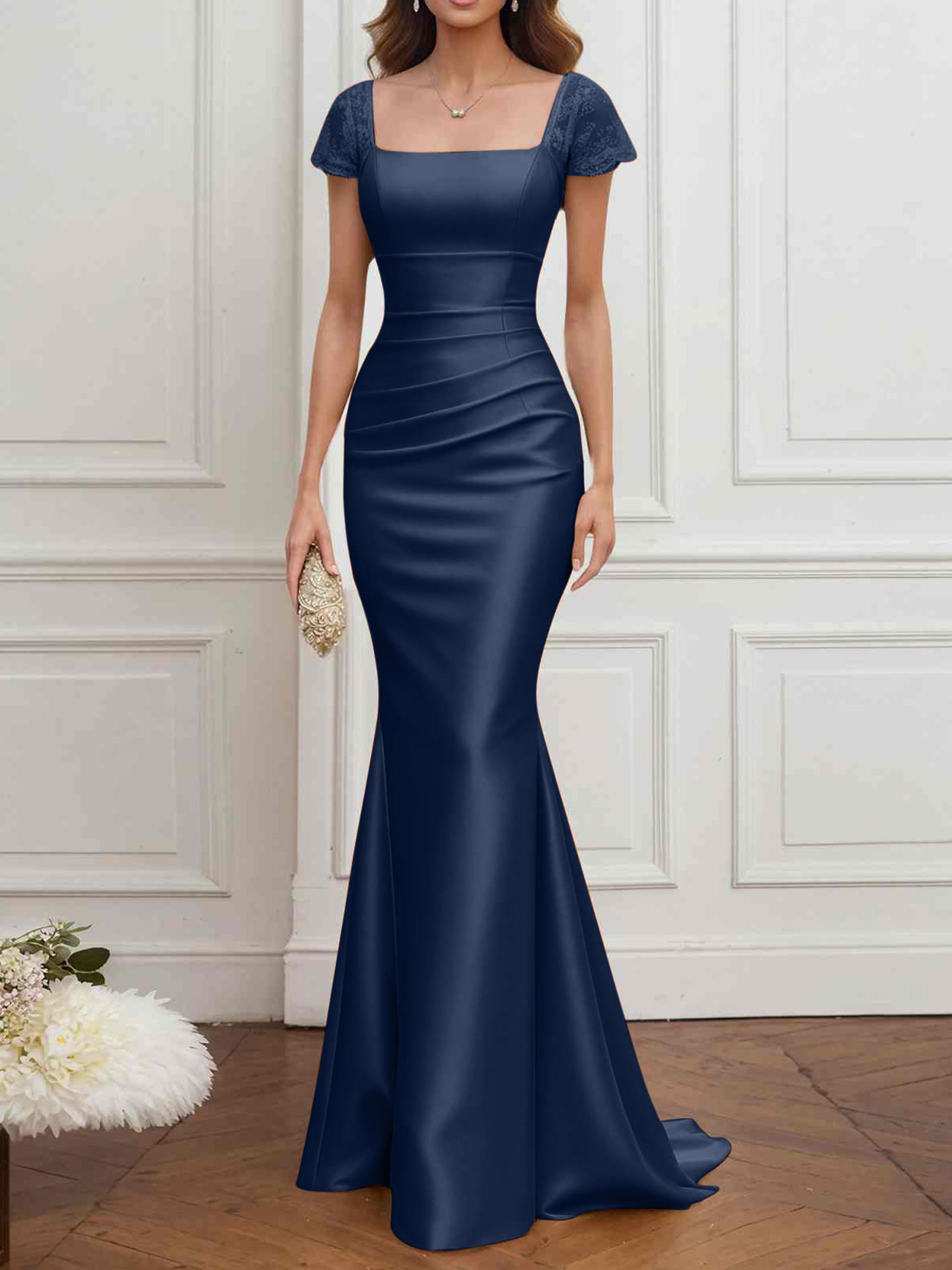 Formal ​Wedding Guest Dress Gold Square Neck Satin Maxi Dress