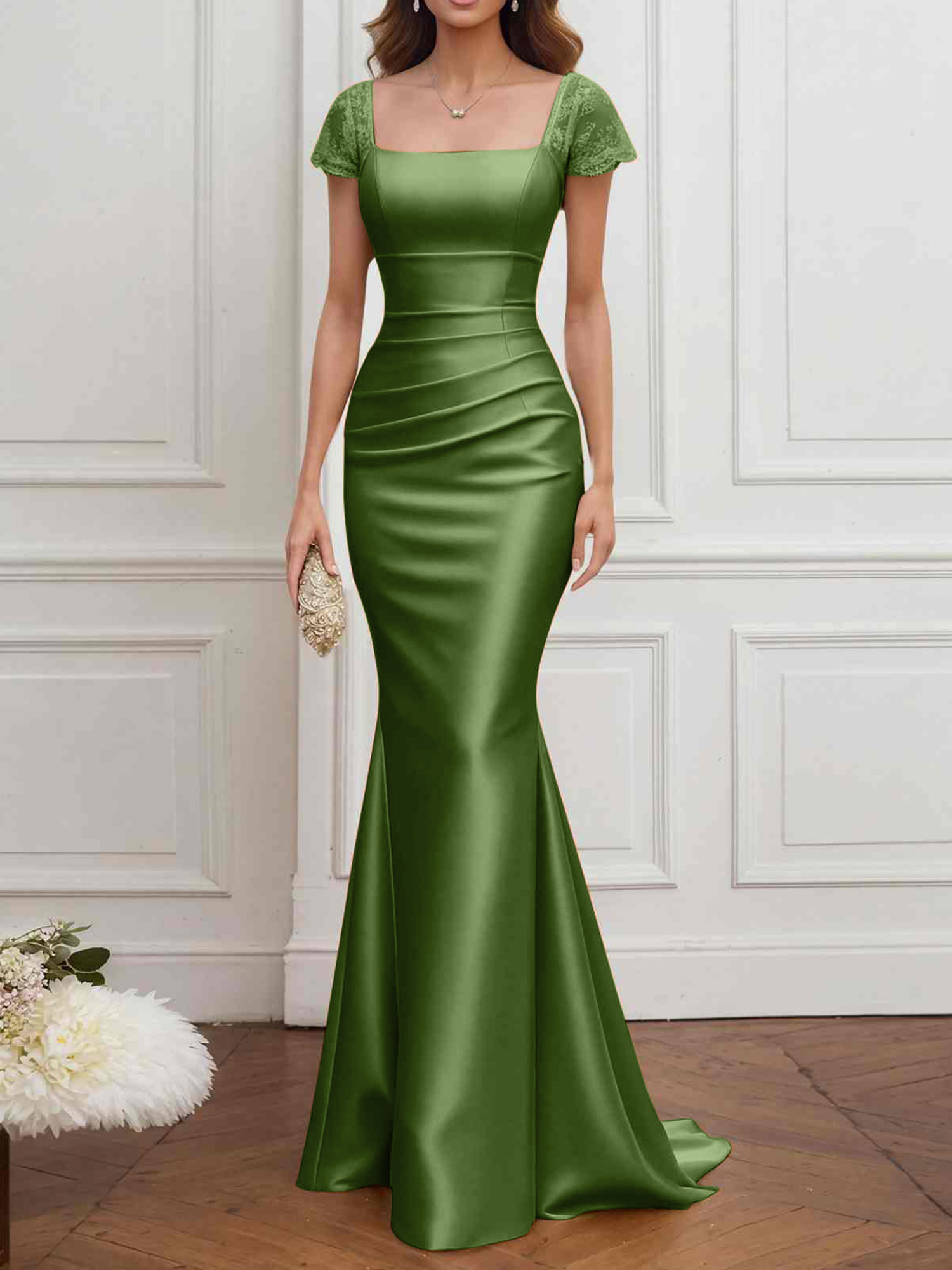 Formal ​Wedding Guest Dress Gold Square Neck Satin Maxi Dress