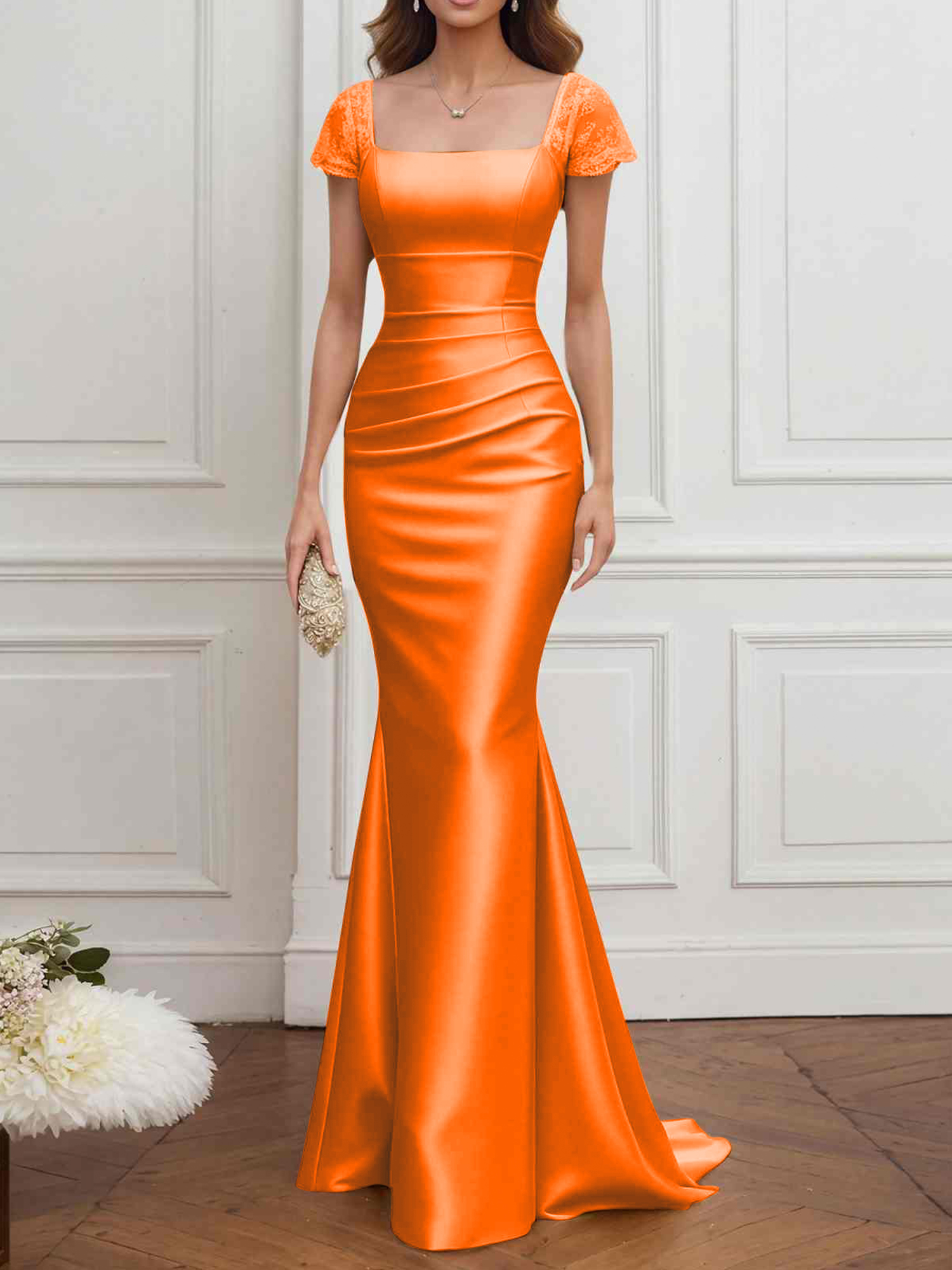 Formal ​Wedding Guest Dress Gold Square Neck Satin Maxi Dress