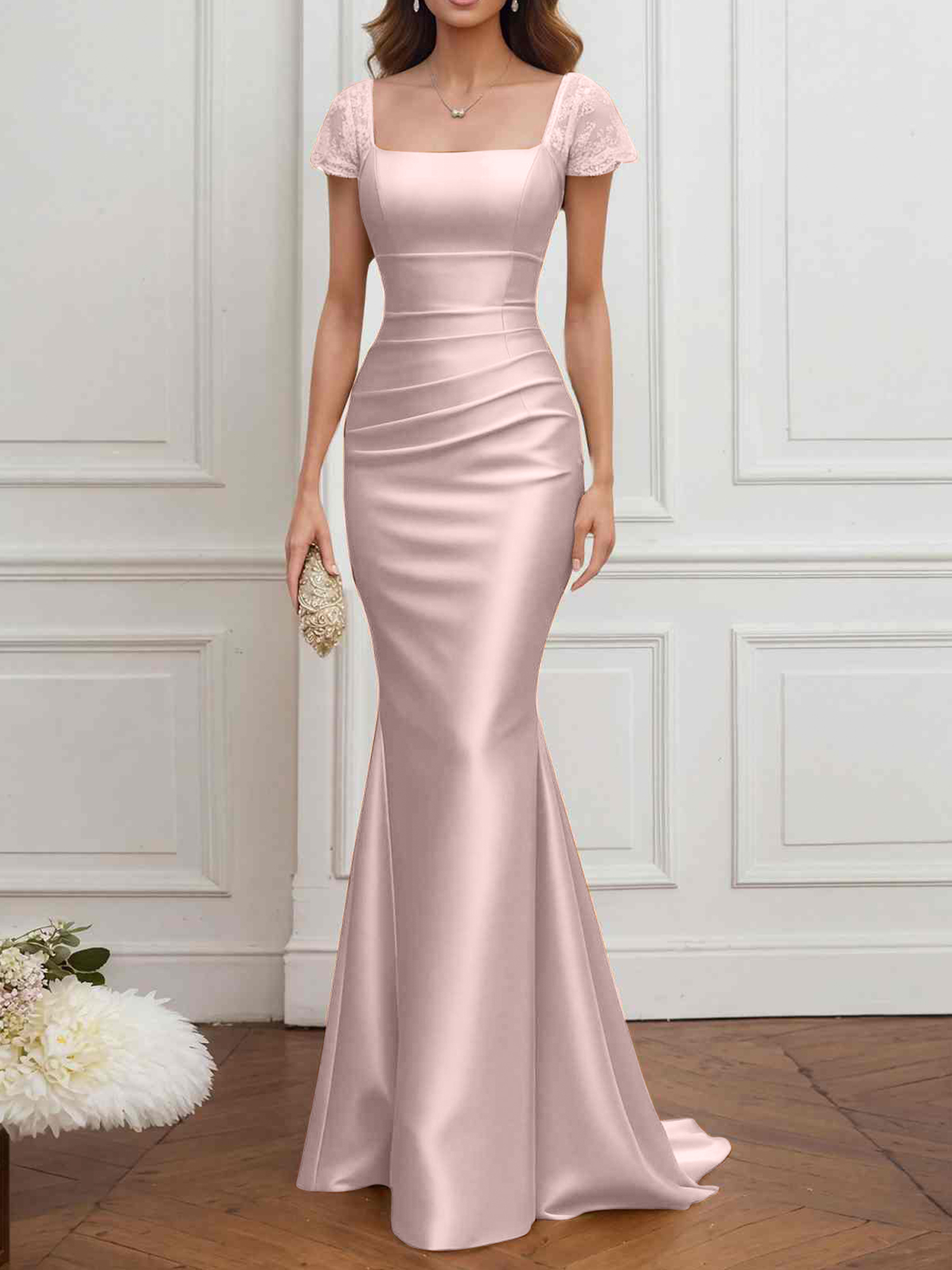 Formal ​Wedding Guest Dress Gold Square Neck Satin Maxi Dress