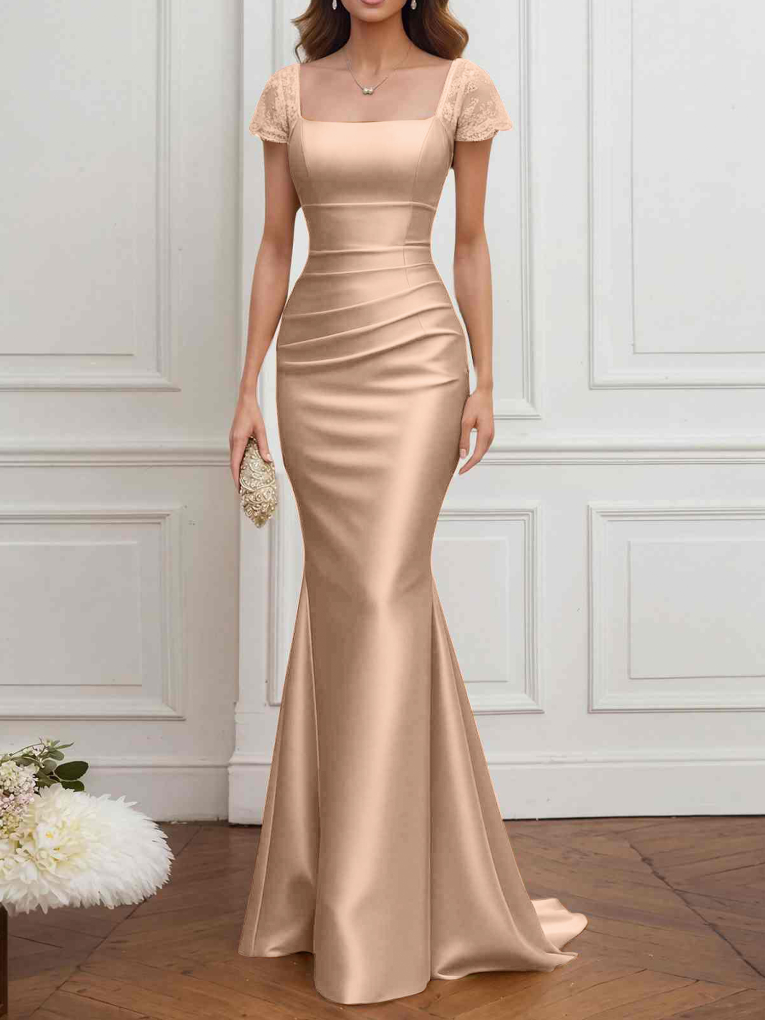 Formal ​Wedding Guest Dress Gold Square Neck Satin Maxi Dress