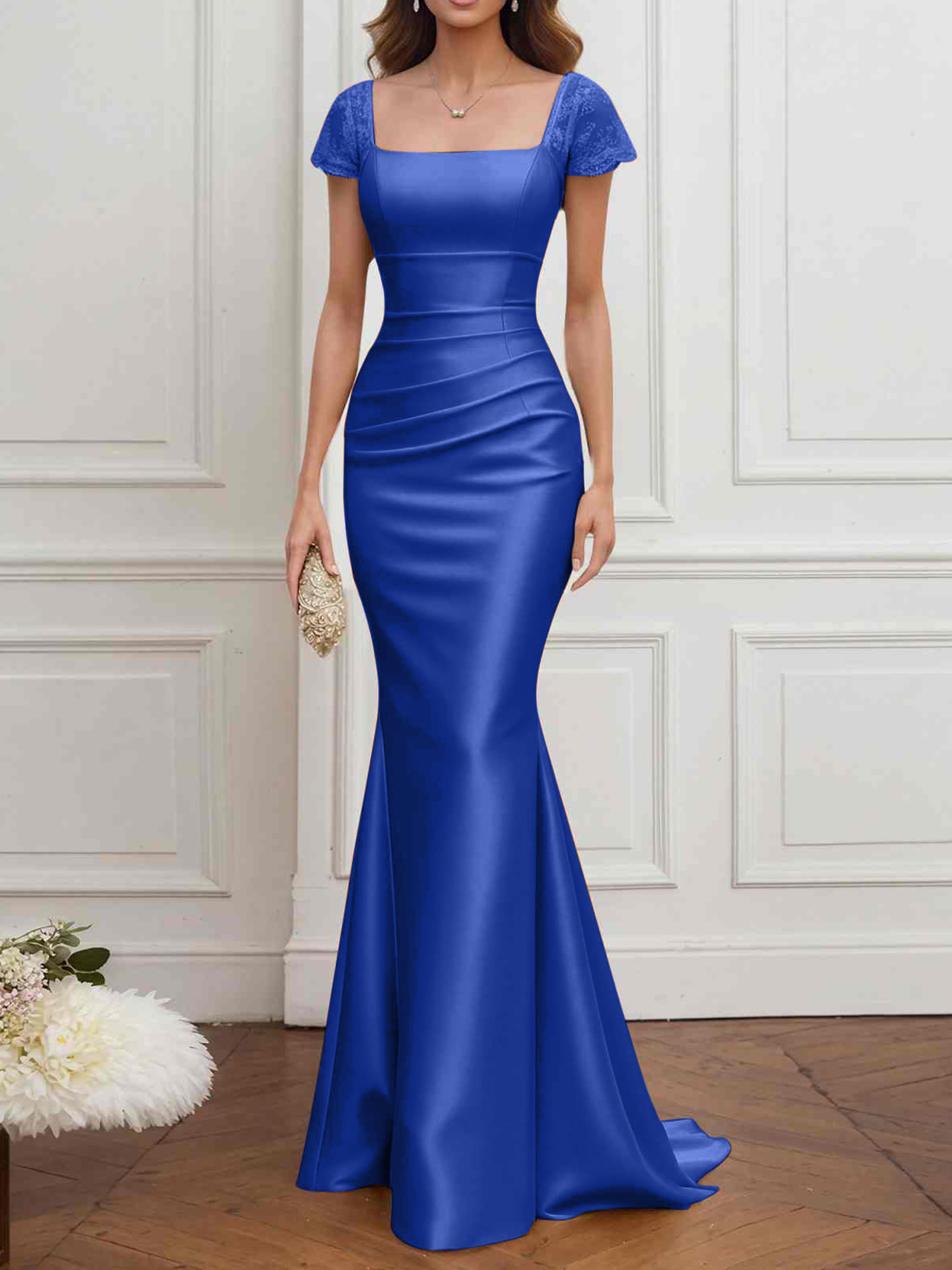 Formal ​Wedding Guest Dress Gold Square Neck Satin Maxi Dress