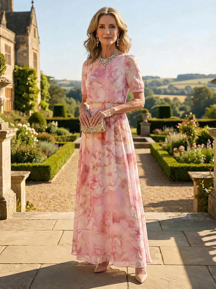 Floral Print A-Line/Princess Scoop Neck Floor-Length Mother of the Bride & Groom Dresses with Pleats