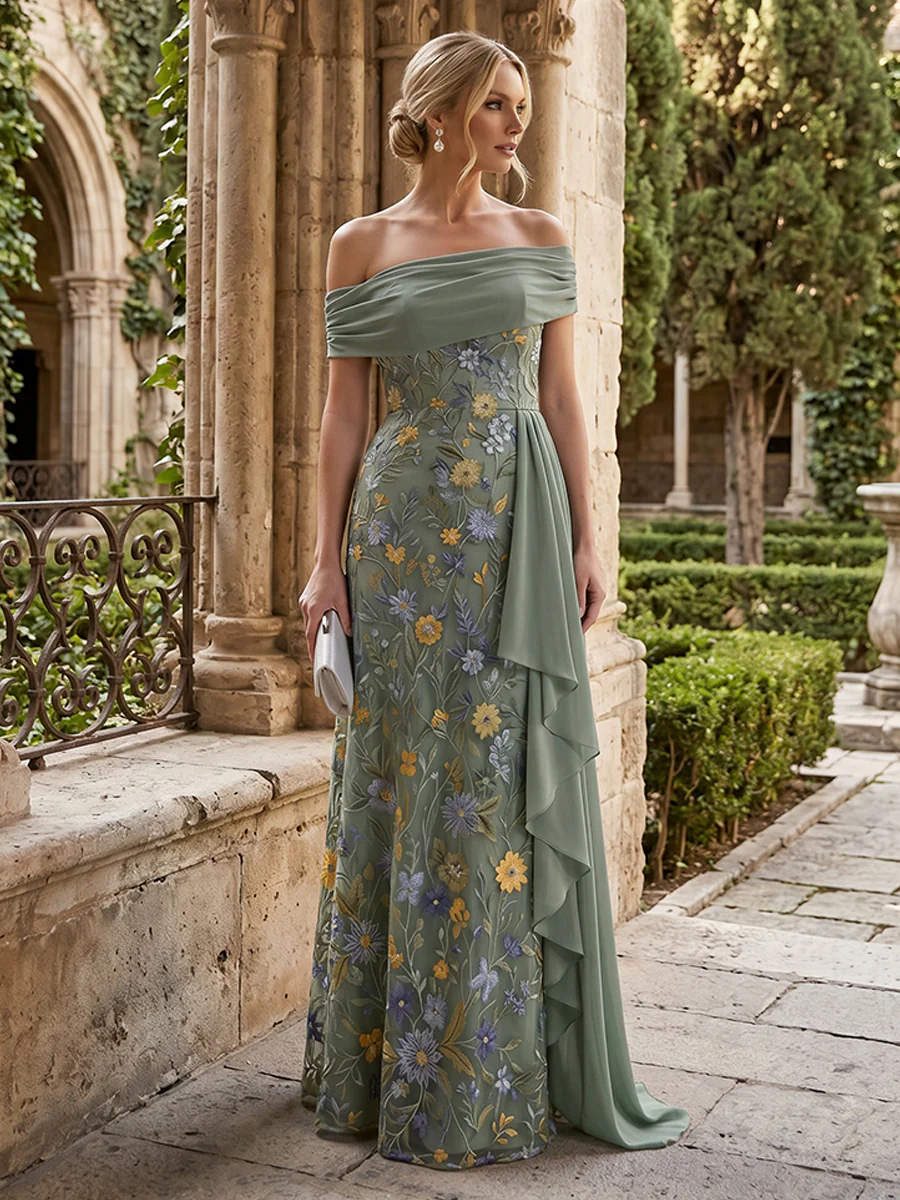Floral Embroidery Sheath/Column Off Shoulder Floor-Length Mother of the Bride & Groom Dresses with Ruffles