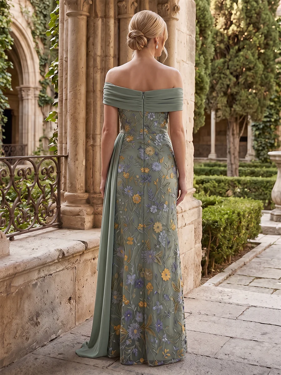 Floral Embroidery Sheath/Column Off Shoulder Floor-Length Mother of the Bride & Groom Dresses with Ruffles