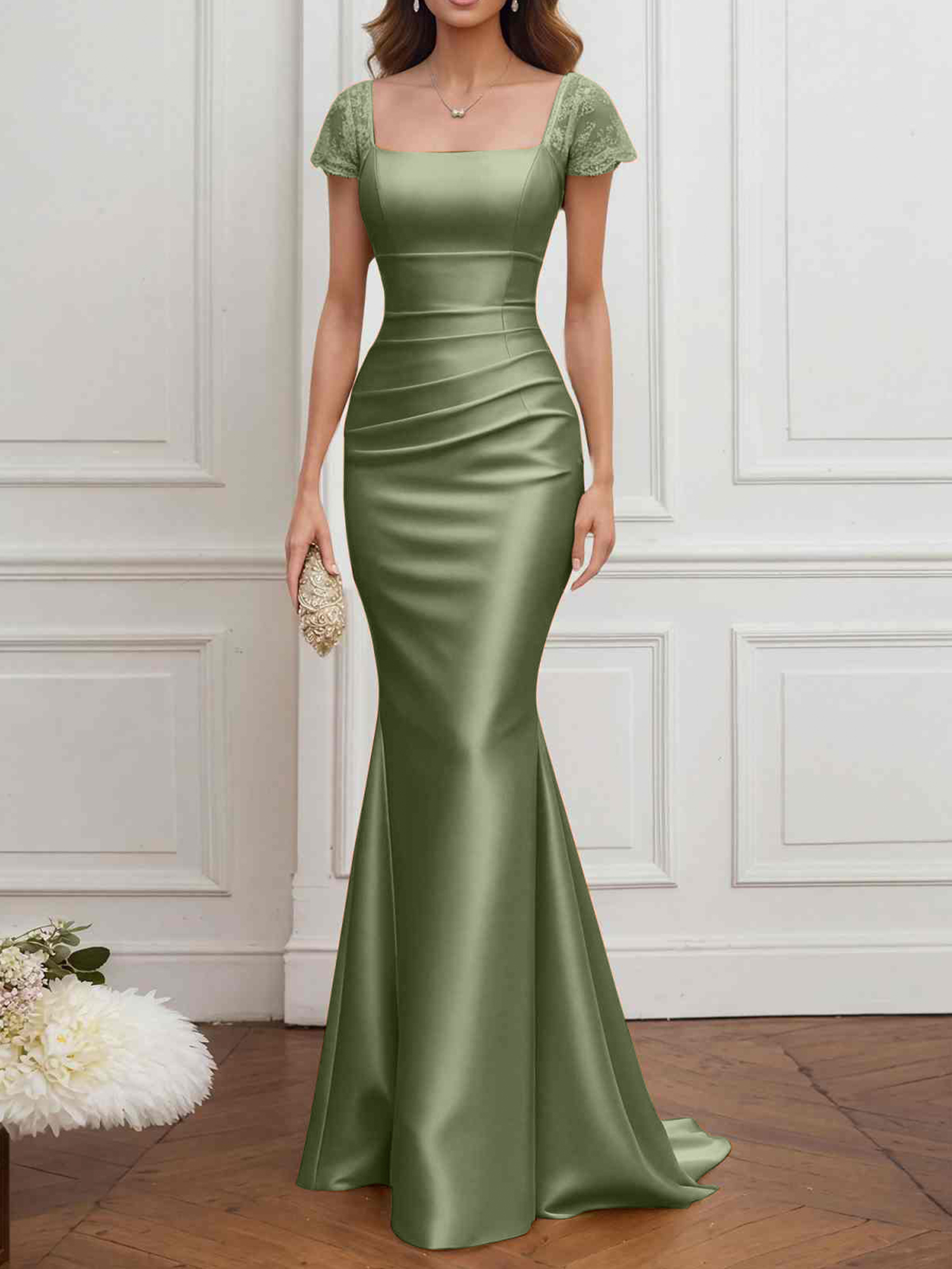 Formal ​Wedding Guest Dress Gold Square Neck Satin Maxi Dress