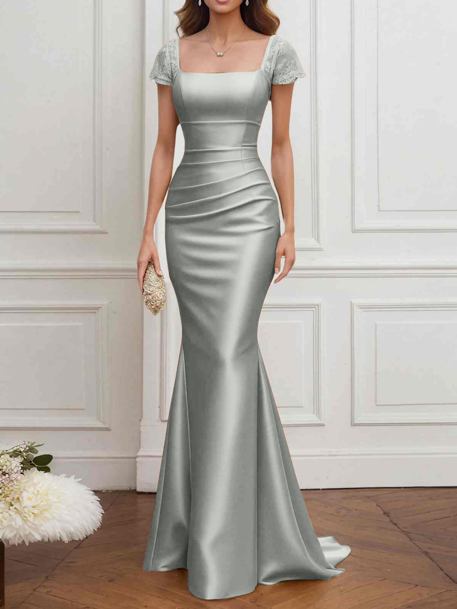 Formal ​Wedding Guest Dress Gold Square Neck Satin Maxi Dress