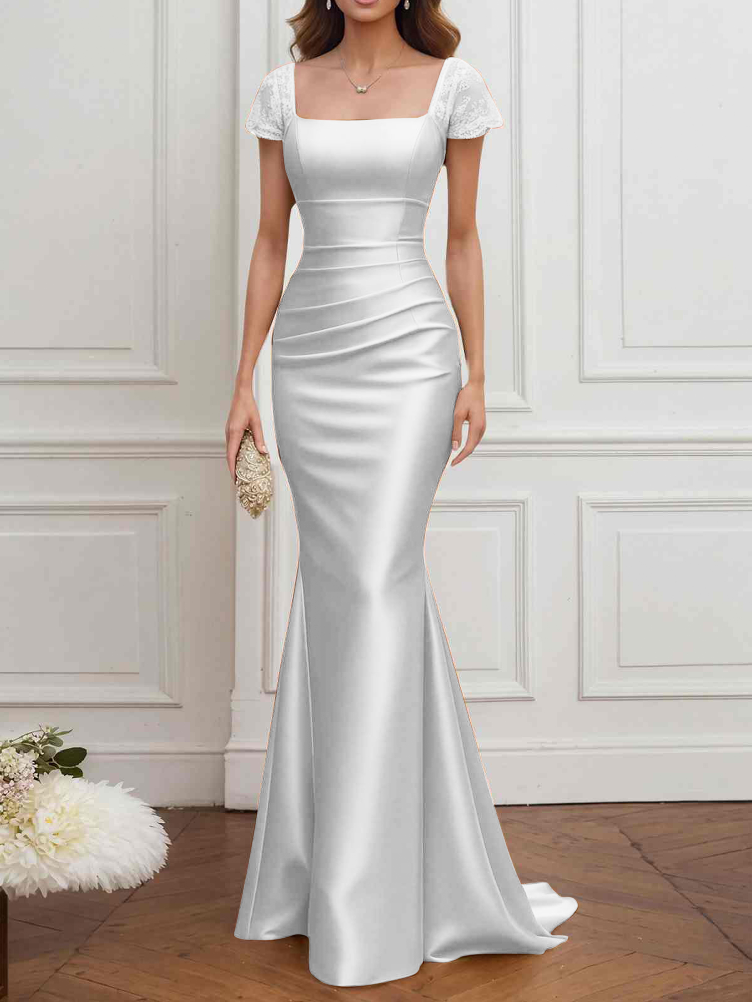 Formal ​Wedding Guest Dress Gold Square Neck Satin Maxi Dress